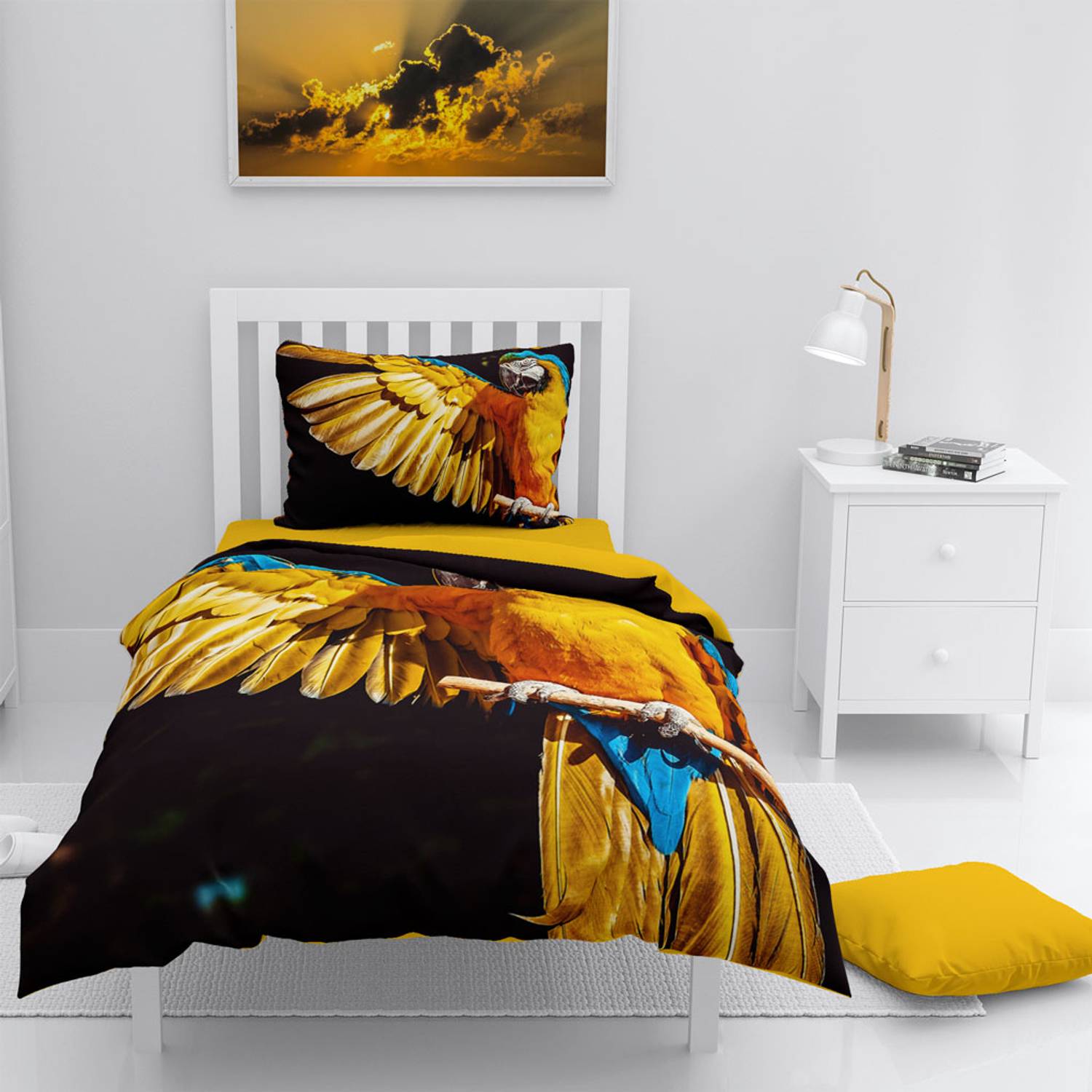Наволочка монохромного набору з 3D-дизайном "Parrot" з бавовняного сатену, 160x220 см, яскраві кольори, спеціальна обробка для комфортного сну