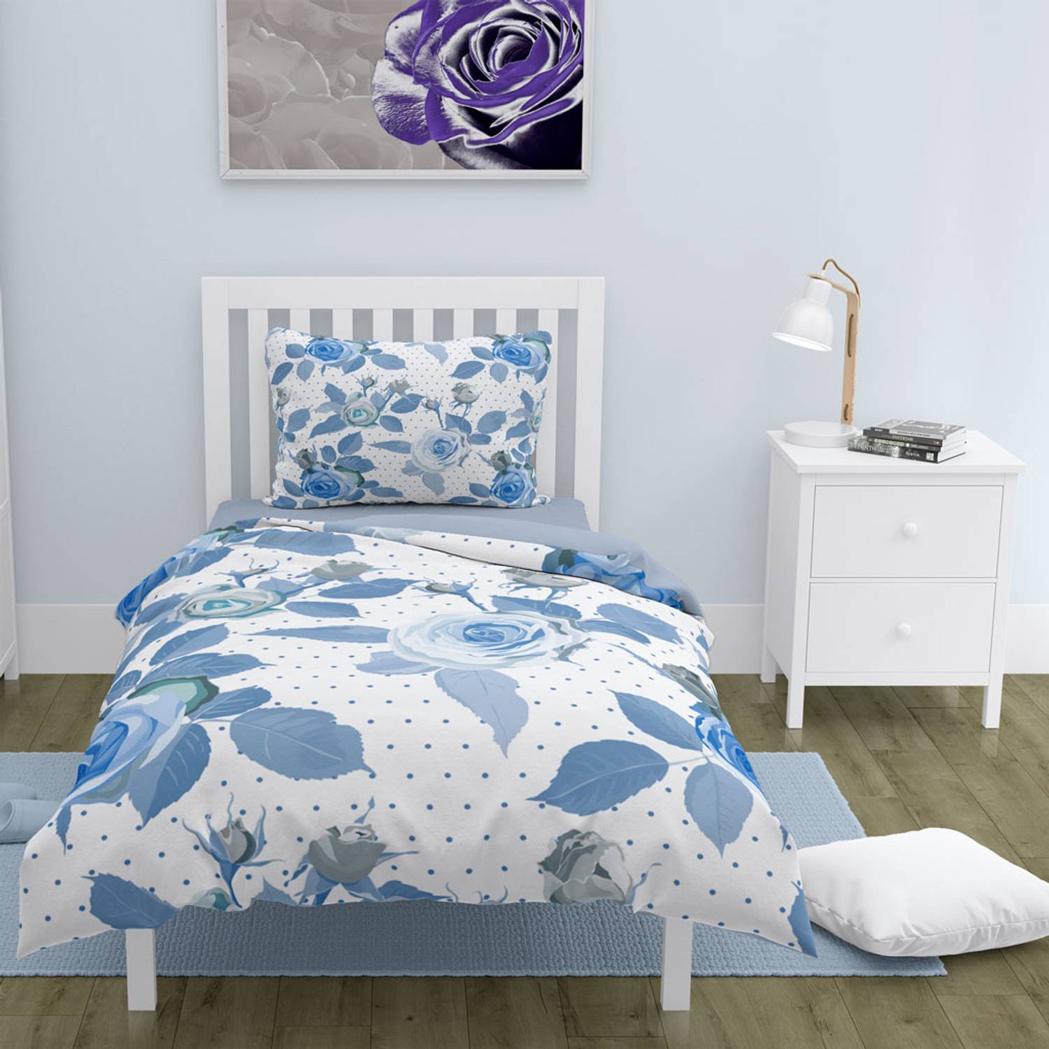 Односпальный комплект постельного белья MonoHome BlueRose 3D из сатина, 160х220 см, живые цвета, удобный и дышащий, гарантированное качество