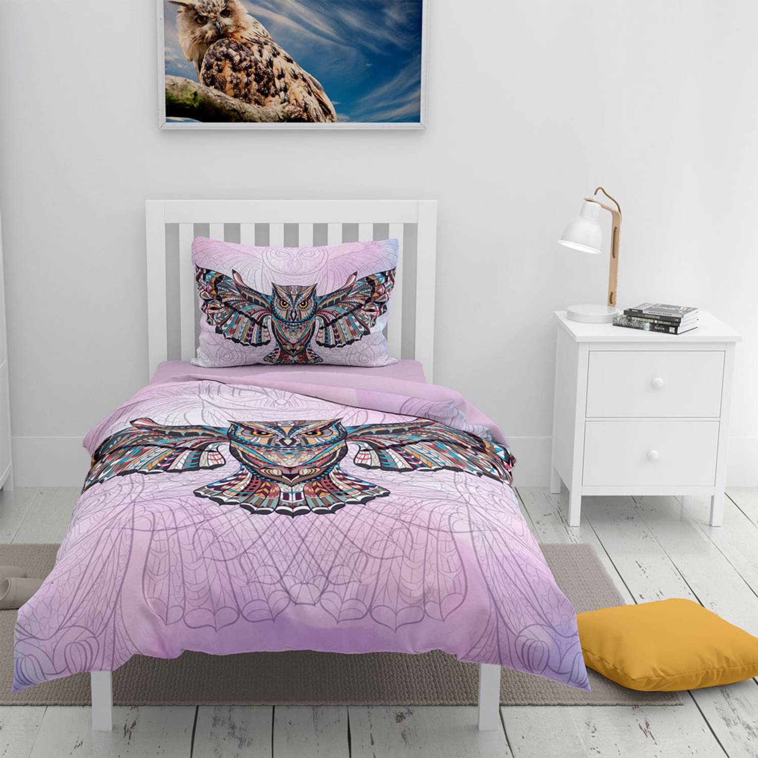 Комплект постельного белья MonoHome Mr. Owl 3D из хлопкового сатина, 160x220 см, яркие цвета, дышащая ткань, гарантированное качество 