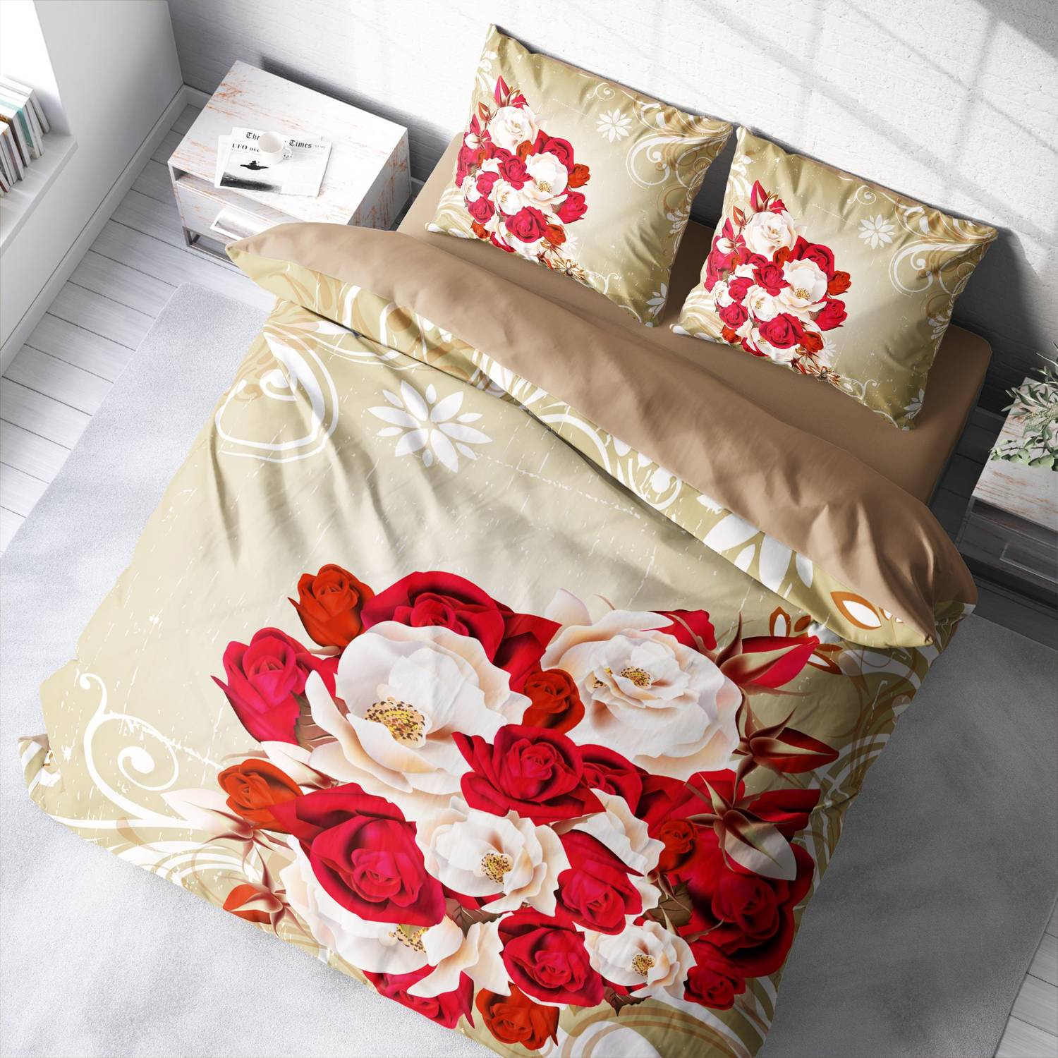 مجموعة غطاء لحاف مزدوج من الساتان القطني ثلاثي الأبعاد MonoHome Rose1007