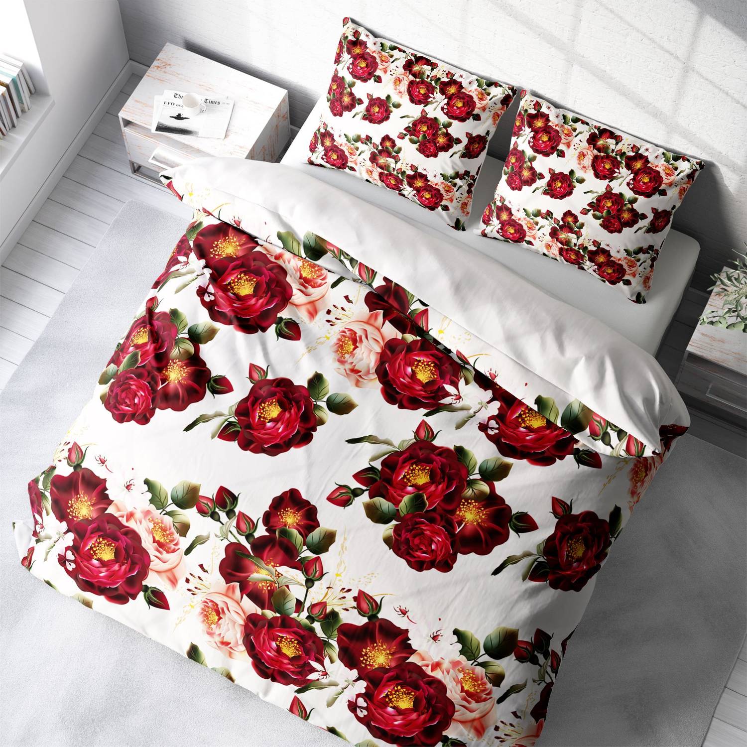 MonoHome Red Rose 3D Cotton Satin Double Duvet Cover Set