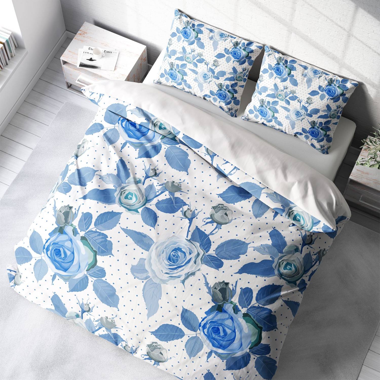 MonoHome BlueRose 3D طقم غطاء لحاف مزدوج من الساتان القطني