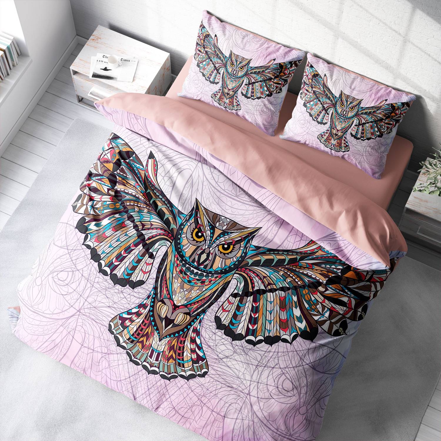 Набор постельного белья MonoHome Mr. Owl 3D из сатина с принтом, 200x220 см, 100% хлопок, яркие цвета, комплект с наволочками 50x70 см