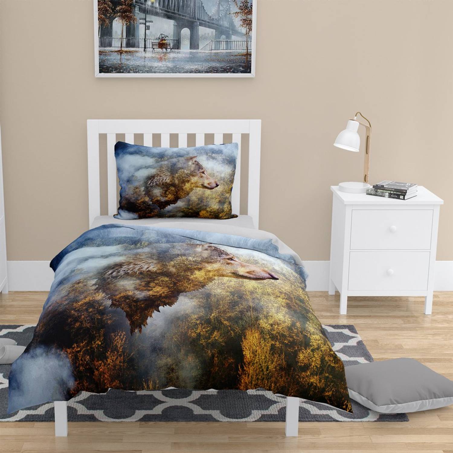 طقم غطاء لحاف فردي من MonoHome Wolfface ثلاثي الأبعاد من القطن الساتان