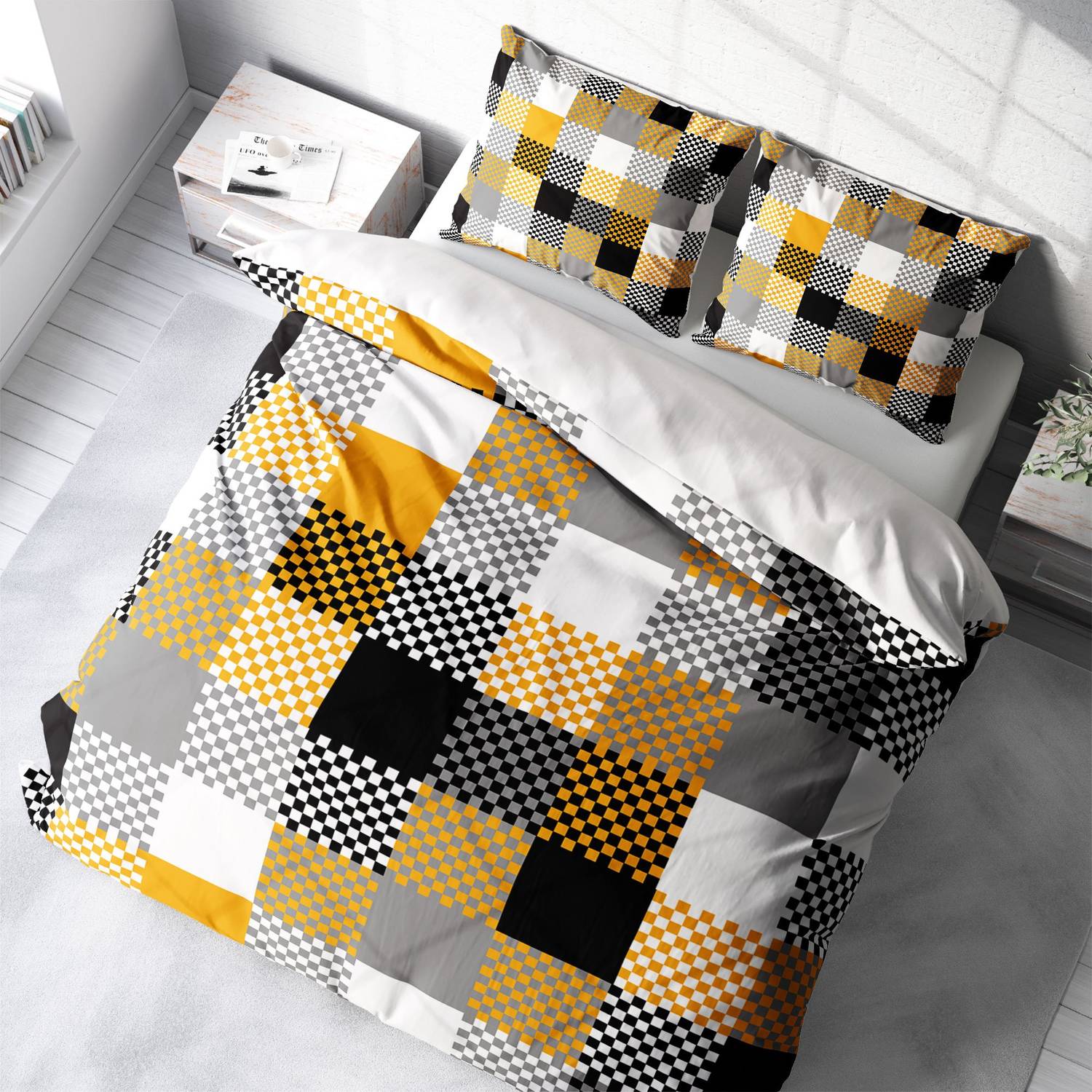 MonoHome Checkers 3D طقم غطاء لحاف مزدوج من الساتان القطني