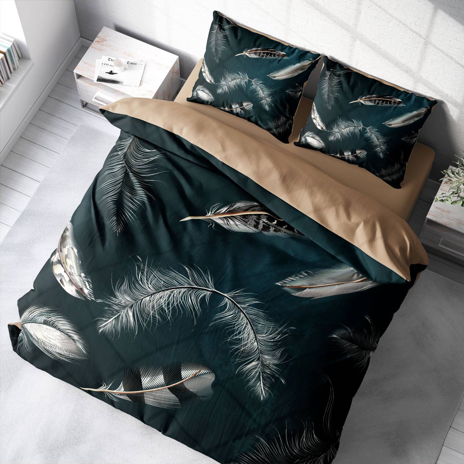 MonoHome Black Feather 3D Cotton Satin Double Duvet Cover Set