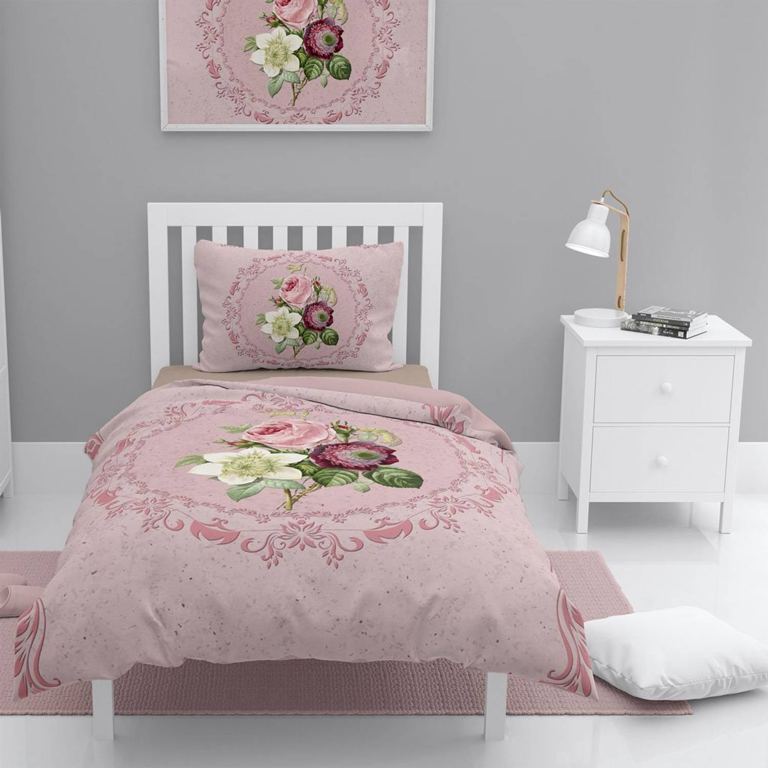 Monohome Damask Rose 3D Cotton Satin Single Duvet Cover Set