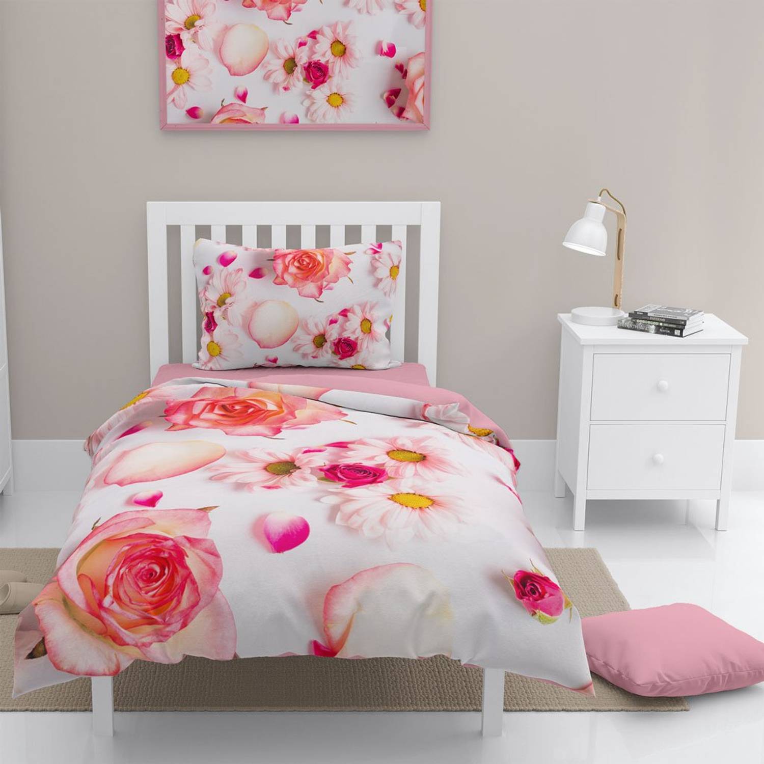 MonoHome White Rose 3D Cotton Satin Single Duvet Cover Set
