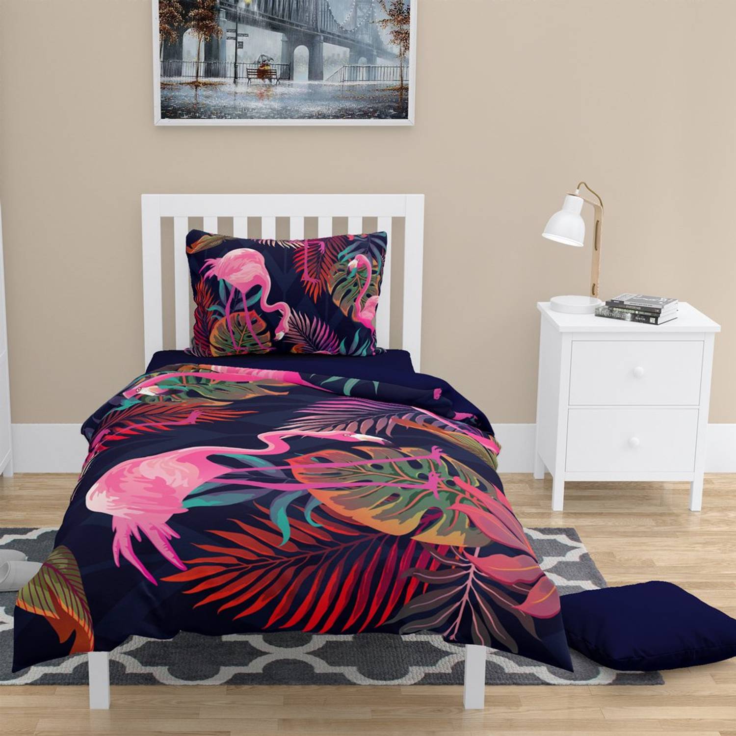 Набор постельного белья MonoHome Flamingo I 3D из хлопкового сатина, односпальный, яркие цвета, размер 160x220 см, комплект с подушкой 50x70 см