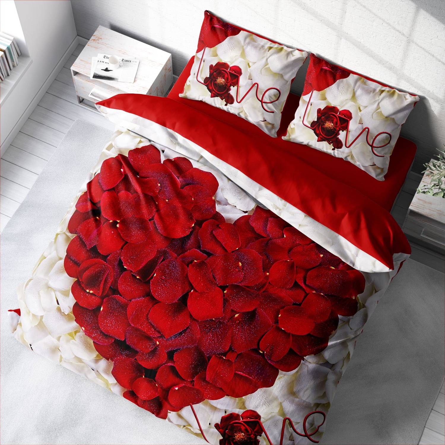 Комплект постельного белья Monohome Heart Rose 3D из хлопкового сатина для двуспальной кровати, 200х220 см, яркие цвета, минимизация складок