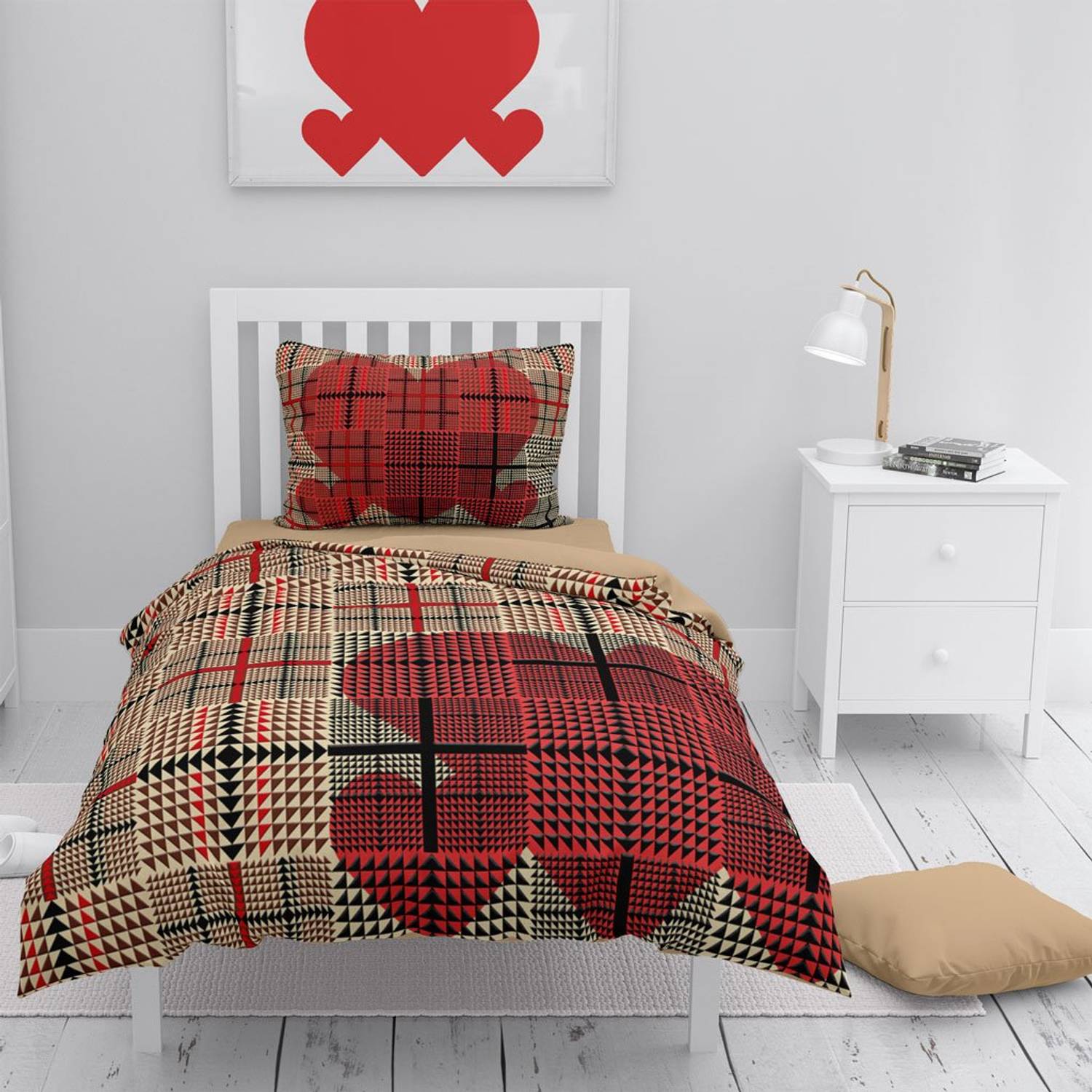 طقم غطاء لحاف مفرد من الساتان القطني ثلاثي الأبعاد مربع القلب أحادي المنزل