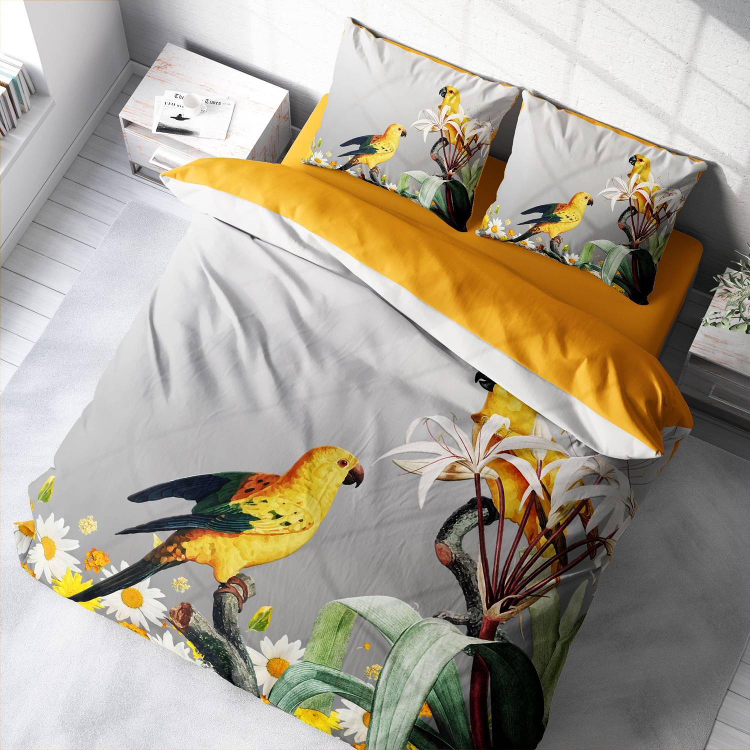 Monohome Yellow Parrot 3D Cotton Satin Double Duvet Cover Set