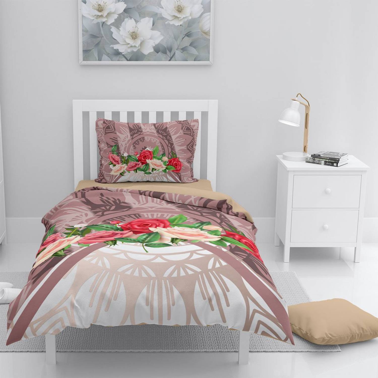 Комплект постельного белья Monohome Brown & Roses, 3D хлопковый сатин для одного, 160x220 см, яркие цвета, воздухопроницаемый, детализированный дизайн