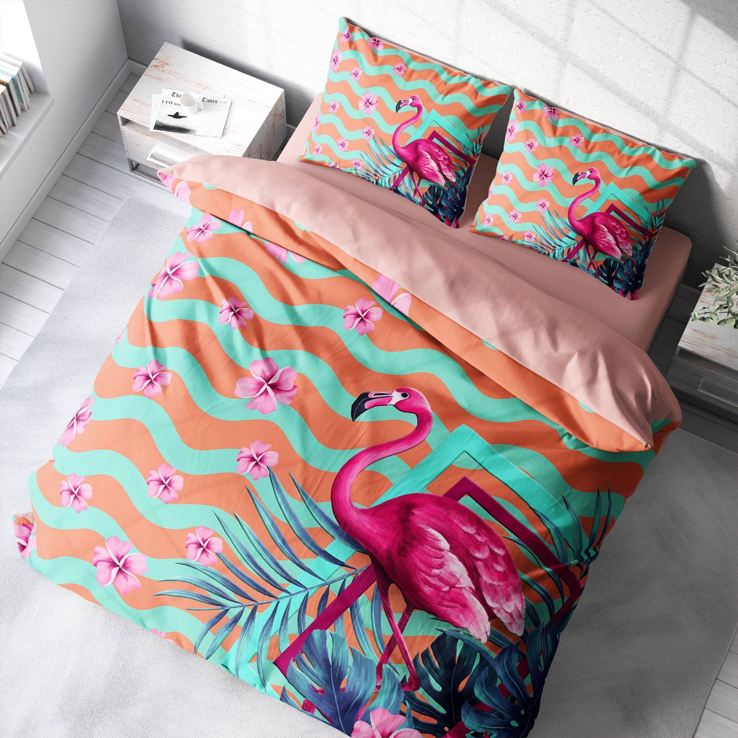 مجموعة غطاء لحاف مزدوج ثلاثي الأبعاد باللون الفيروزي فلامينجو من مونوهوم