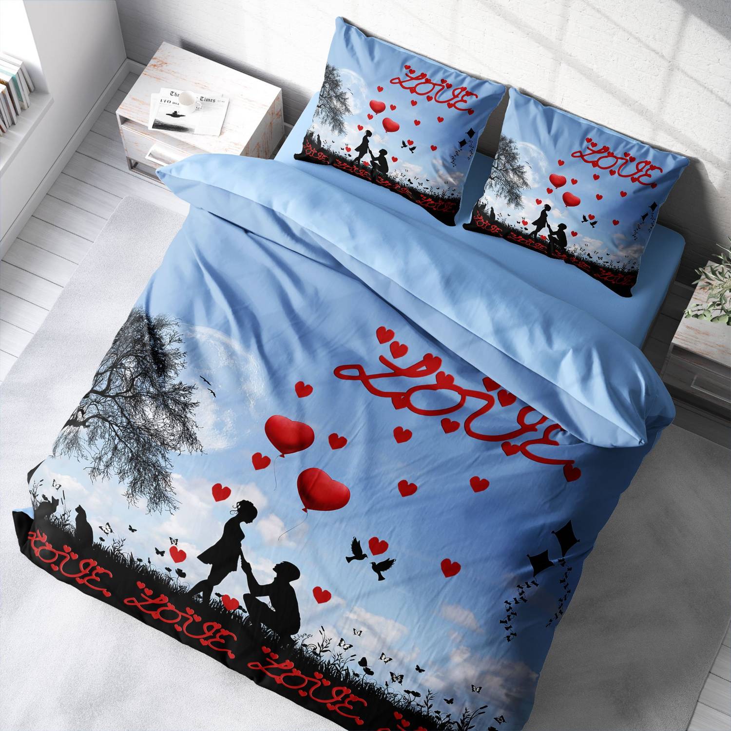 طقم غطاء لحاف مزدوج مصنوع من الساتان القطني ثلاثي الأبعاد لعيد الحب