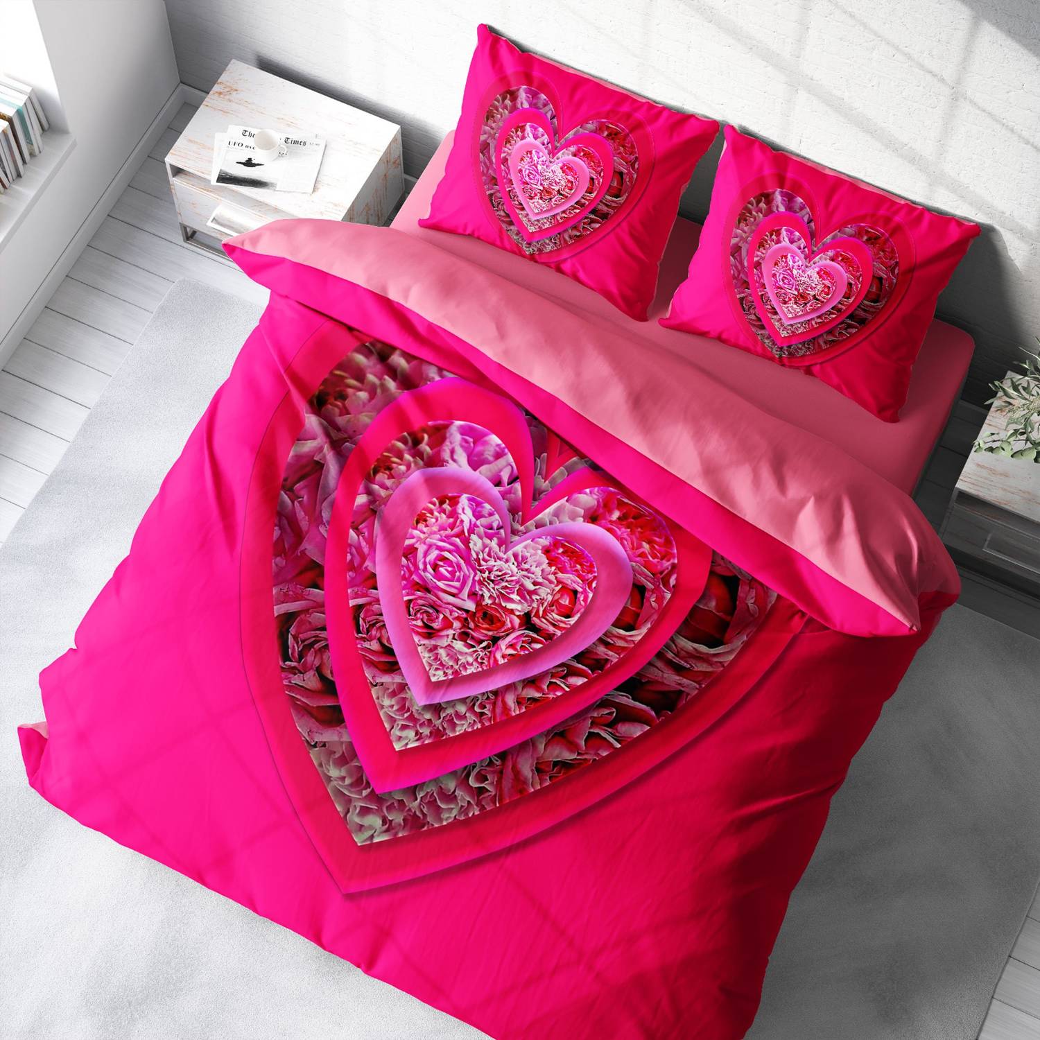 Набор постельного белья Monohome Pink Heart 3D из сатина и хлопка, двуспальный, 200x220 см, с ярким цифровым принтом и высоким качеством ткани