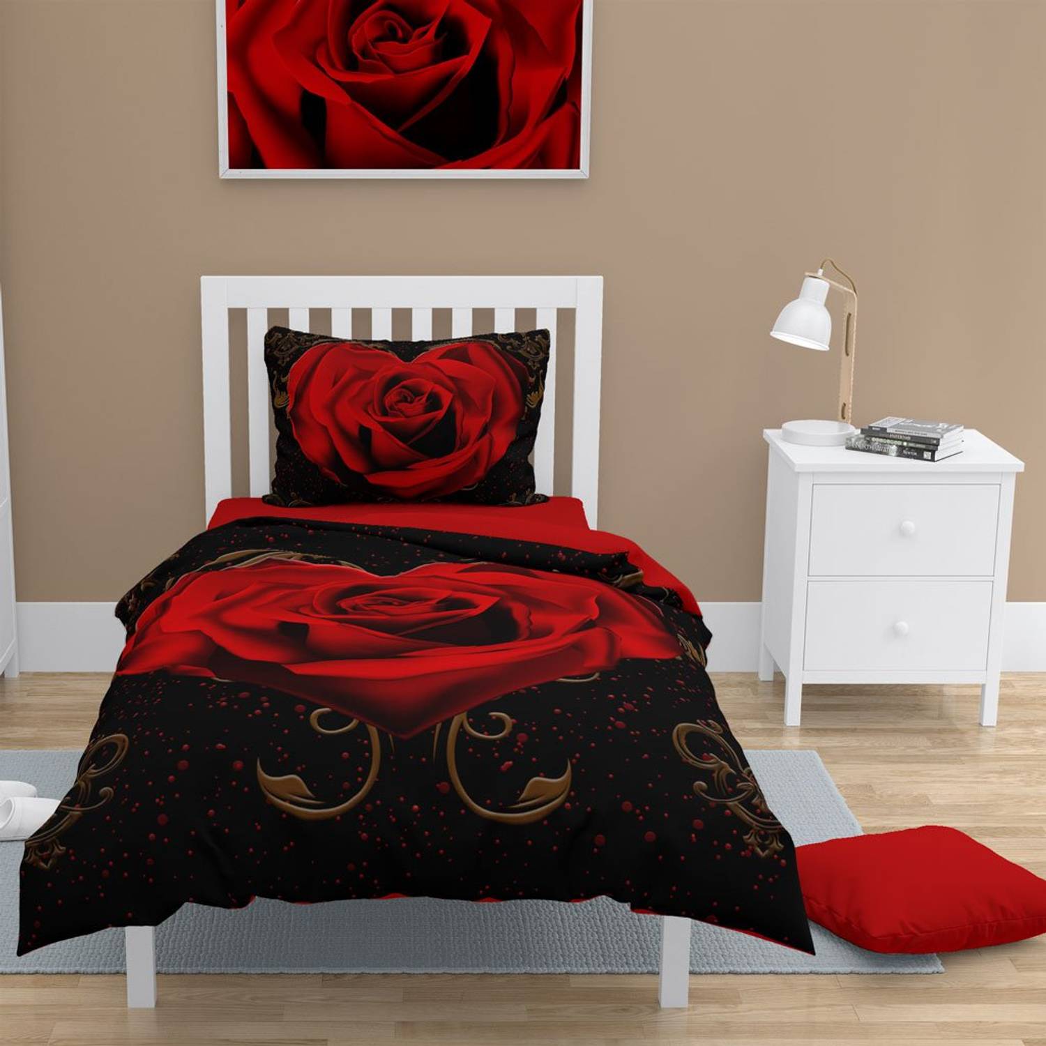 Односпальный комплект постельного белья Monohome Red Heart 3D, 160х220 см, органический хлопок, дышащая ткань, яркая печать