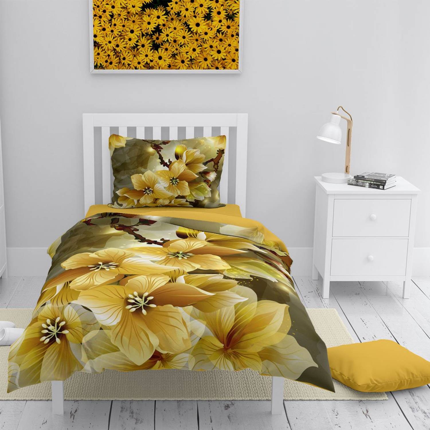 Monohome Yellow Flower 3D Cotton Satin Single Duvet Cover Set