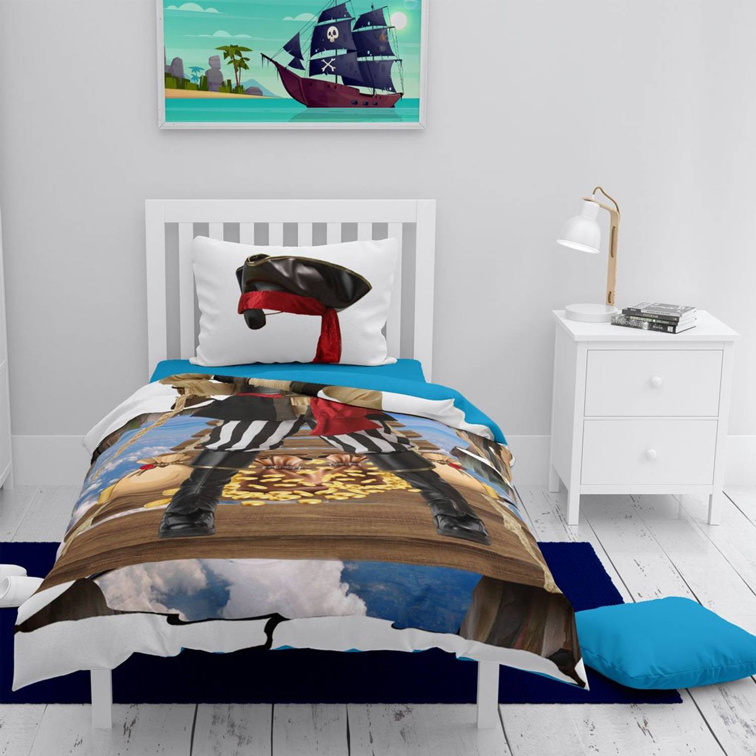 Дитячий комплект постільної білизни MonoHome Korsan 3D з бавовняного сатину, 160 см x 220 см, яскравий цифровий друк, оксфордська подушка