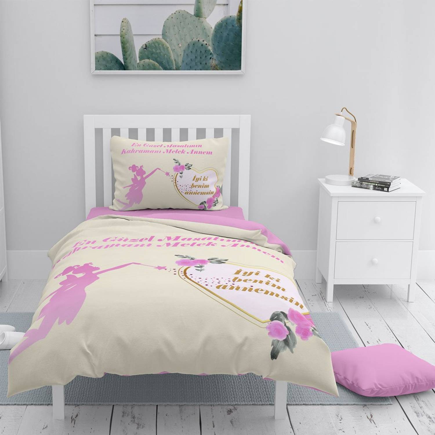 Комплект постільної білизни Monohome Anneler Günü II з 3D бавовняного сатину одинарний - 160x220 см, живі кольори, висока якість, комфортний сон