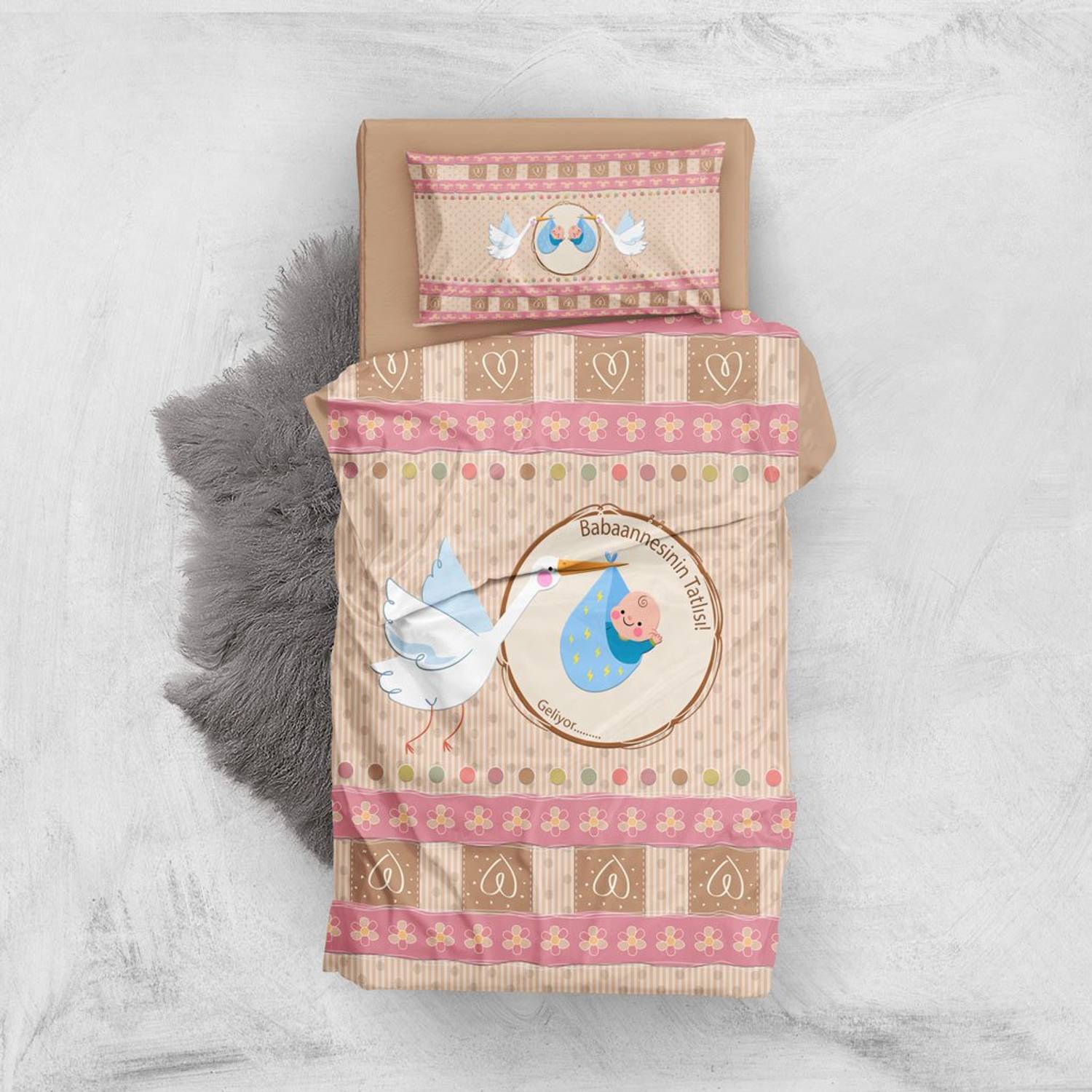 MonoHome Pink & Brown 3D Pamuk Saten Bebek Nevresim Takımı