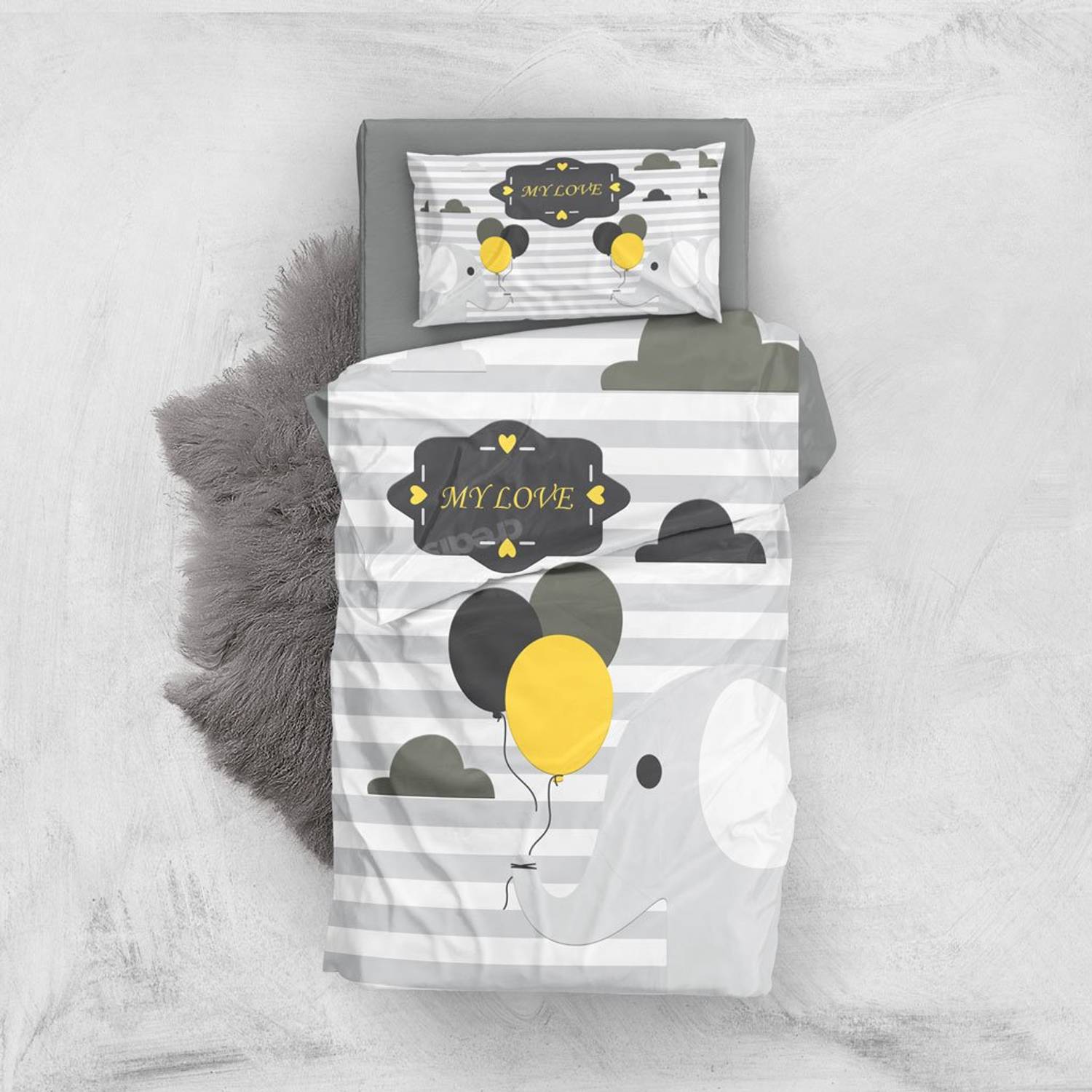 Комплект постільної білизни MonoHome Gray Love 3D з бавовняного сатину для немовлят, яскраві кольори, розміри 100x160 см, високоякісні матеріали