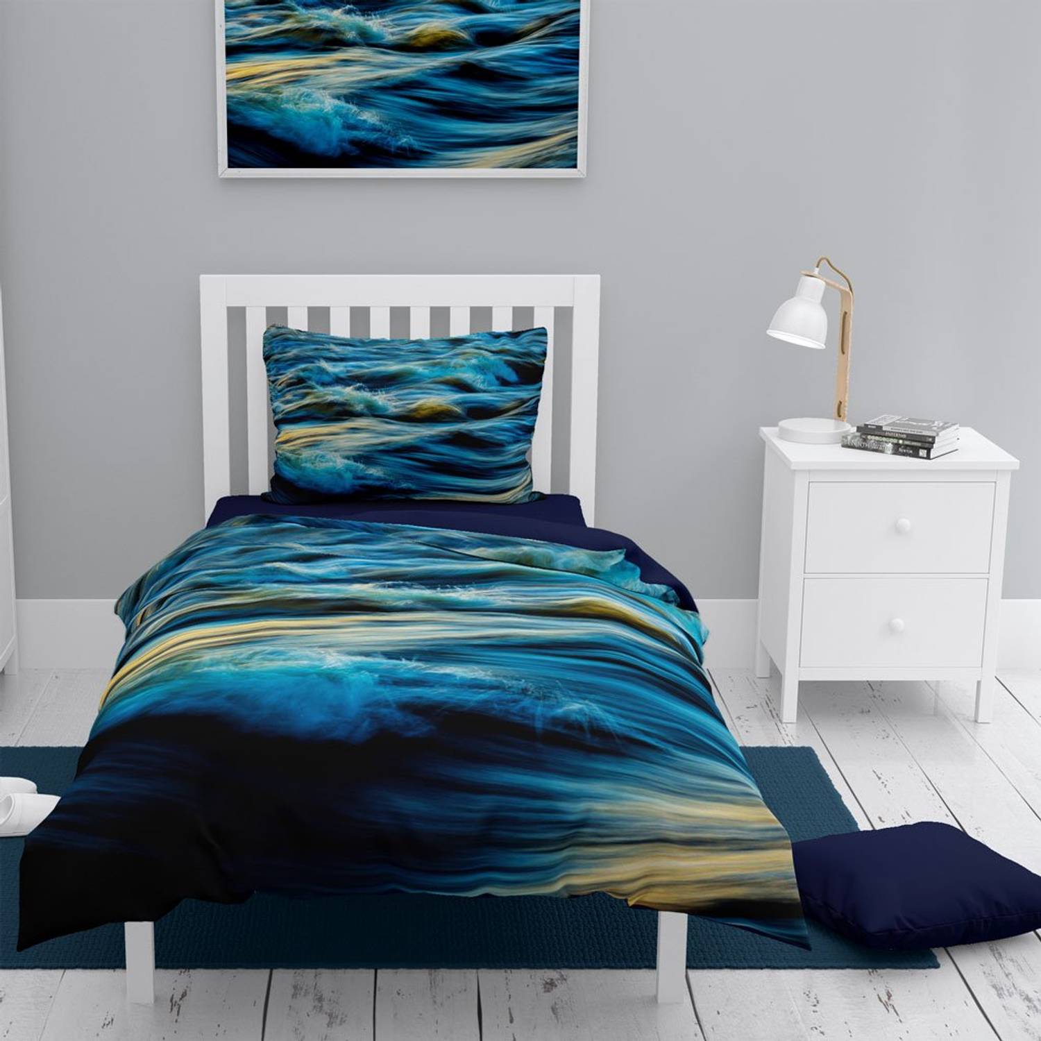 Комплект постільної білизни MonoHome Wavy Sea 3D з бавовняного сатину для односпального ліжка, 160x220 см, цифровий друк яскравих кольорів