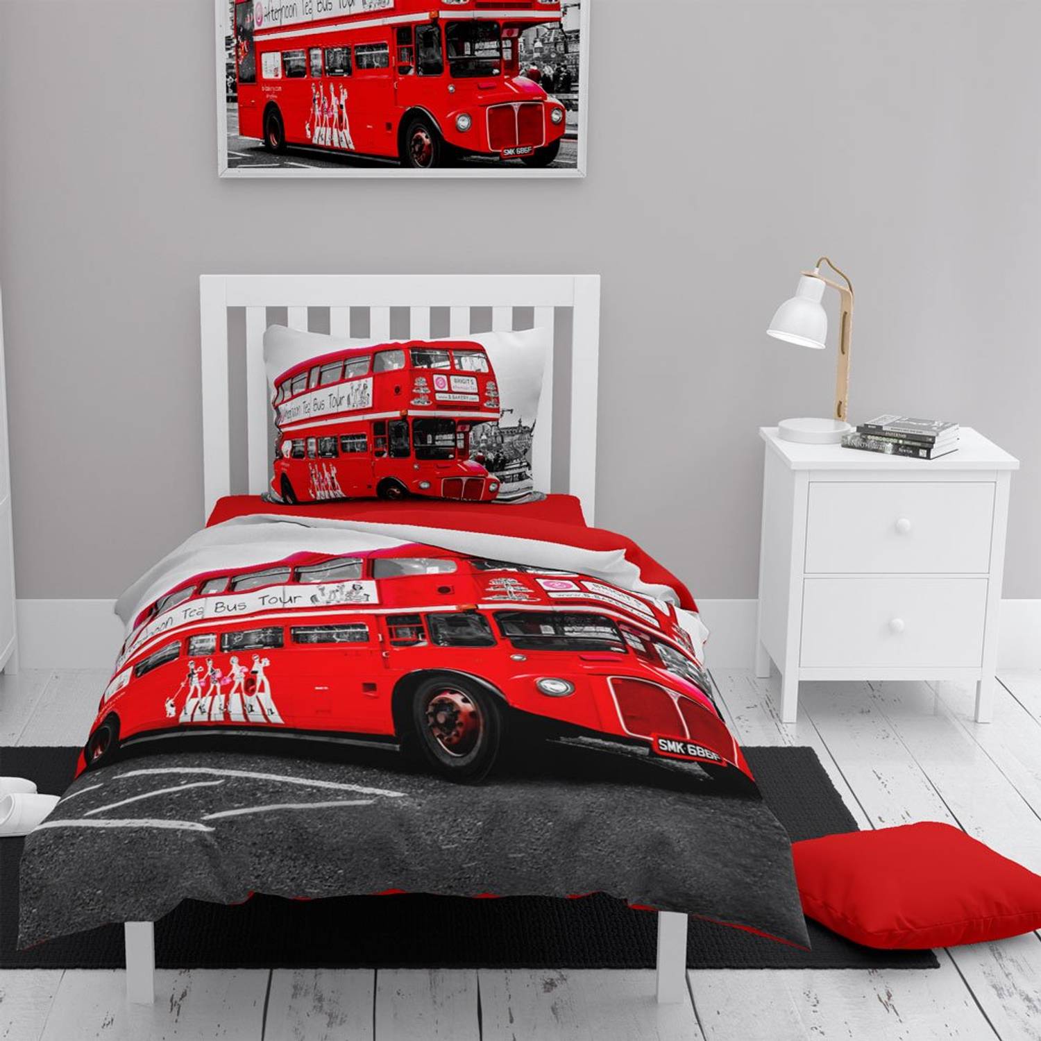 طقم غطاء لحاف مفرد من الساتان القطني ثلاثي الأبعاد من MonoHome London Bus