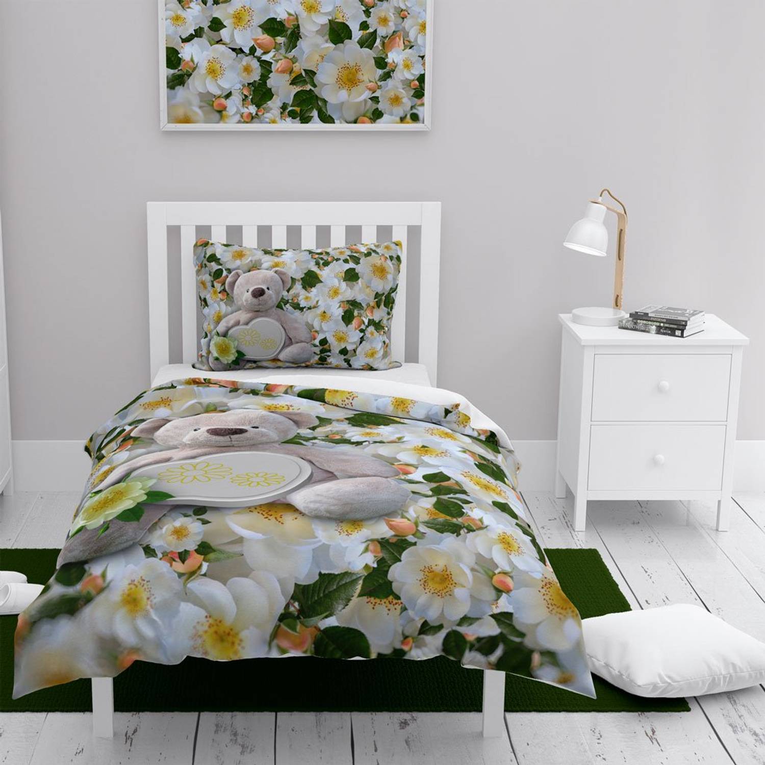 MonoHome Flower Bear 3D Cotton Satin Single Duvet Cover Set