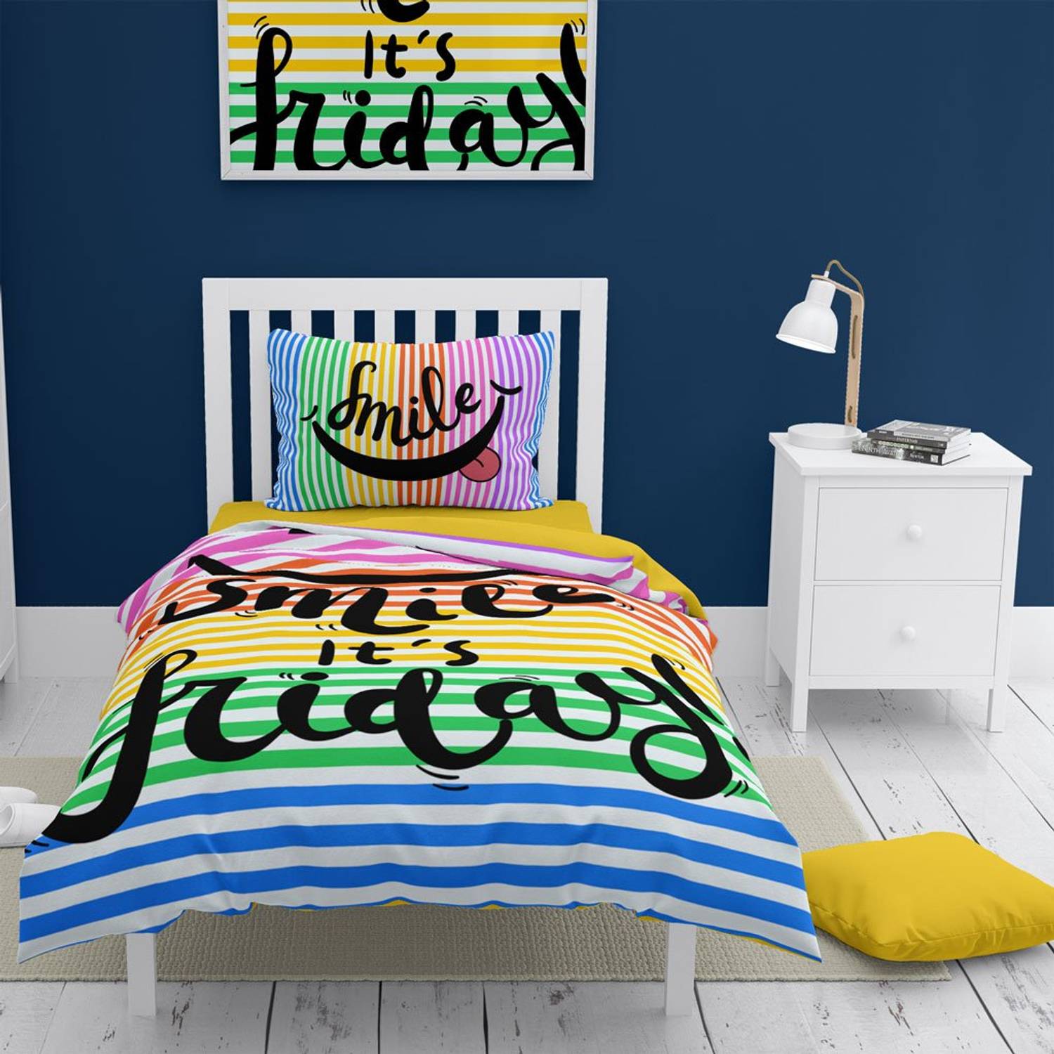 مجموعة غطاء لحاف فردي من MonoHome Friday Smile ثلاثية الأبعاد من القطن الساتان