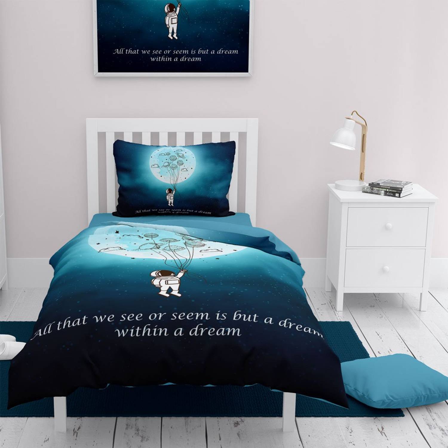 MonoHome Night Motto 3D طقم غطاء لحاف مفرد من الساتان القطني