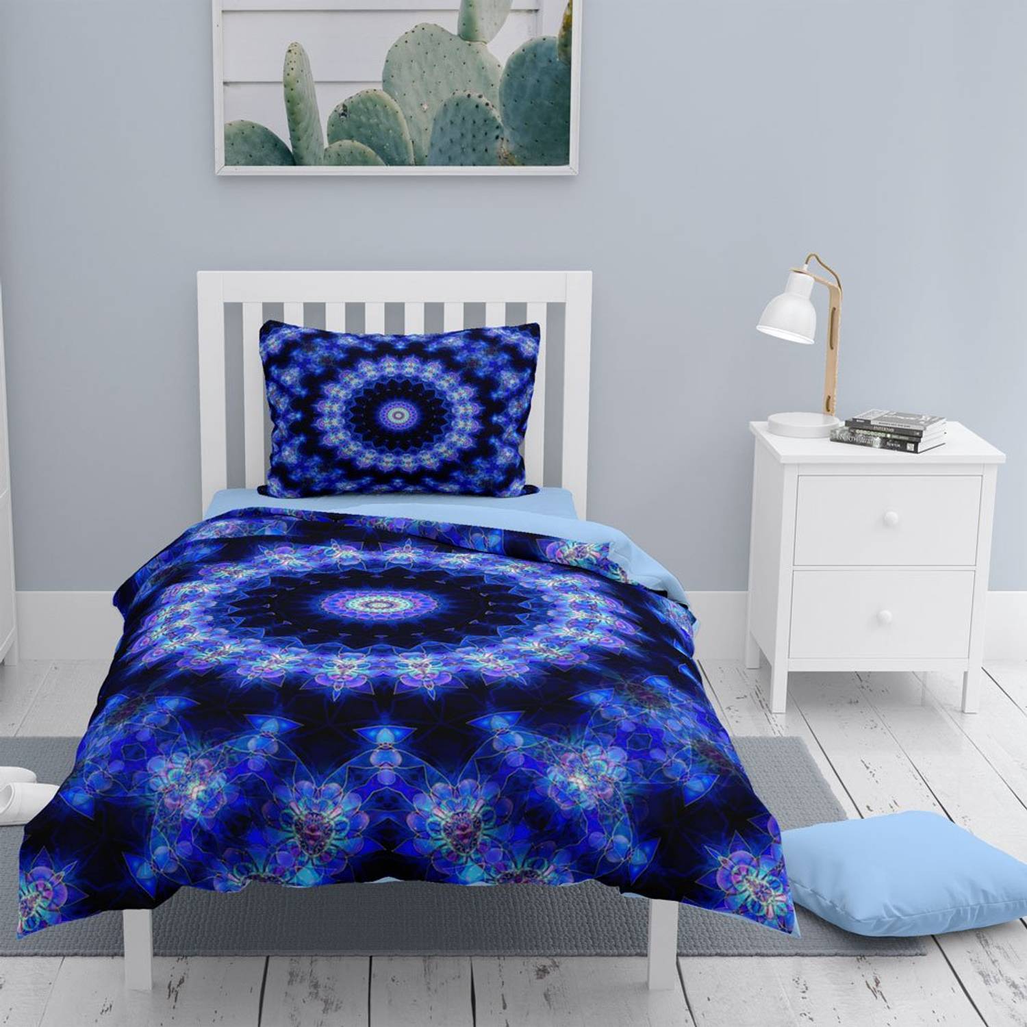 MonoHome Blue Damask 3D Cotton Satin Single Duvet Cover Set