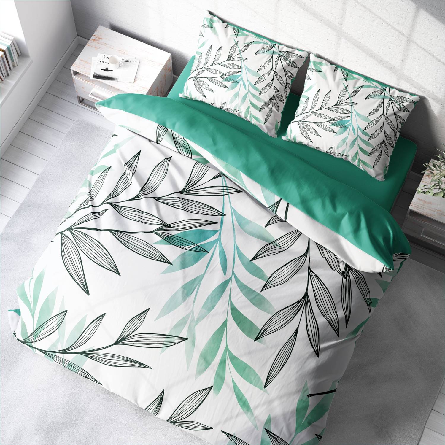 Комплект постельного белья MonoHome Туркуазовые перья 3D из хлопкового сатина для двуспальной кровати 200x220 см, высококачественные ткани, яркие цвета