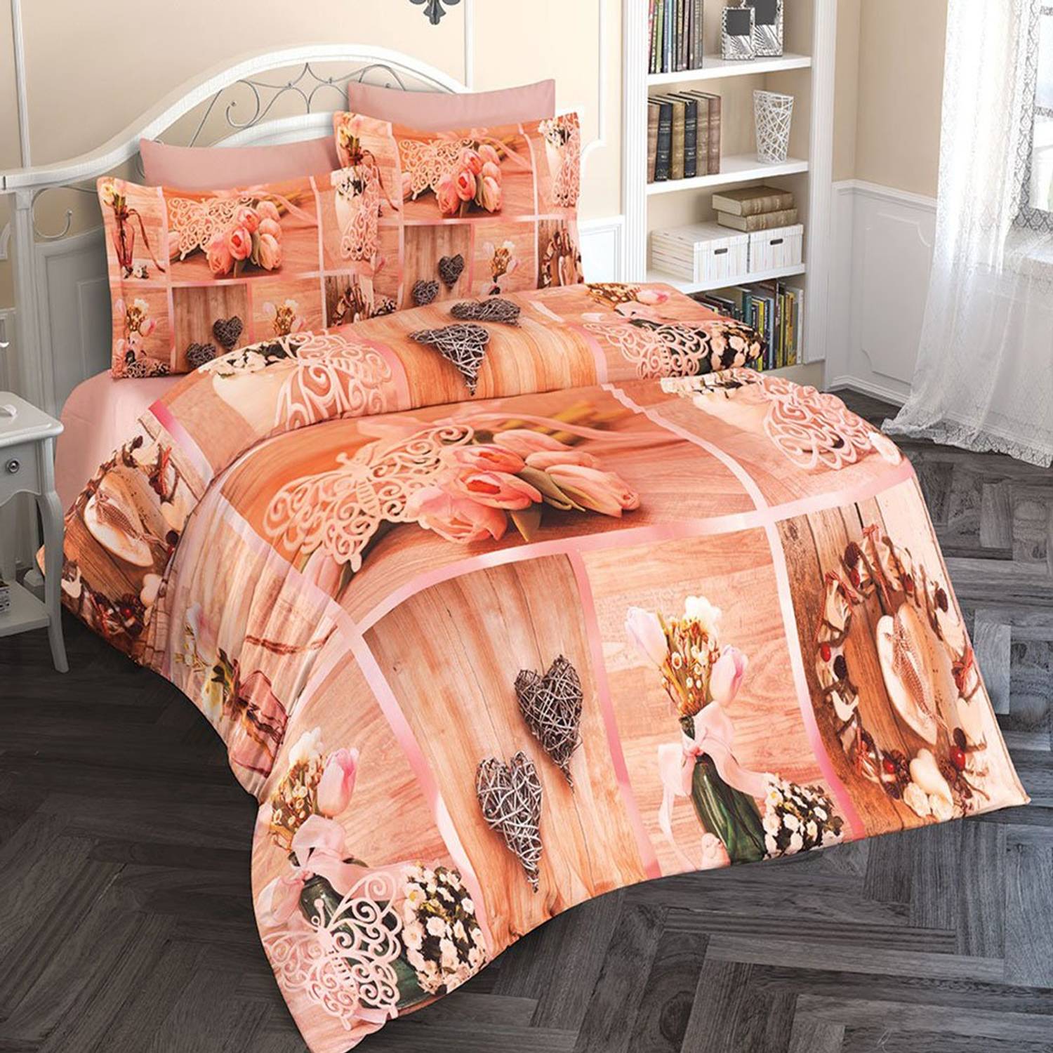 Набір постільної білизни Monohome Tulip Heart 3D з бавовняного сатину, двоспальний комплект 200x220 см, живі кольори, висока якість та комфорт