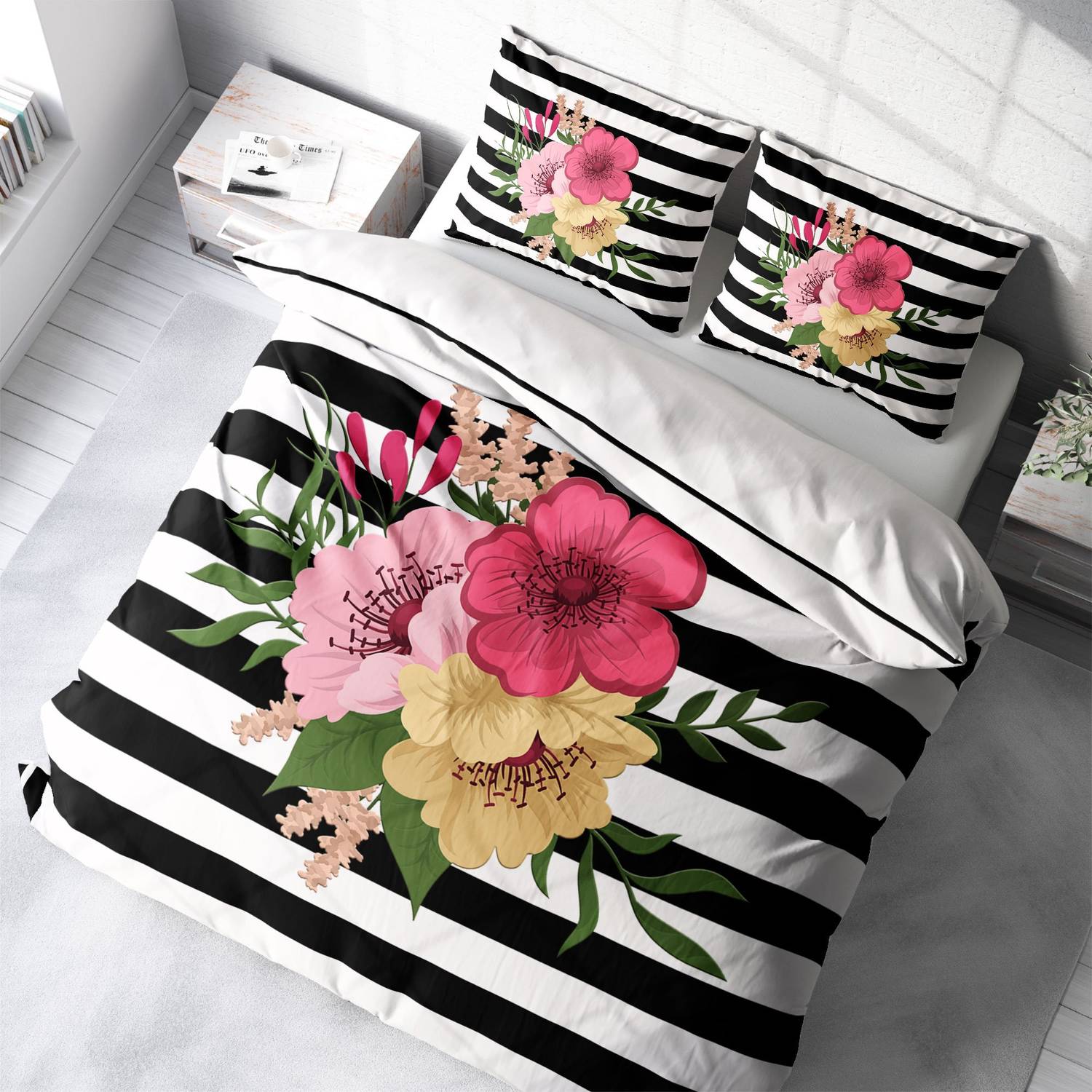 MonoHome Flower Line 3D Cotton Satin Double Duvet Cover Set