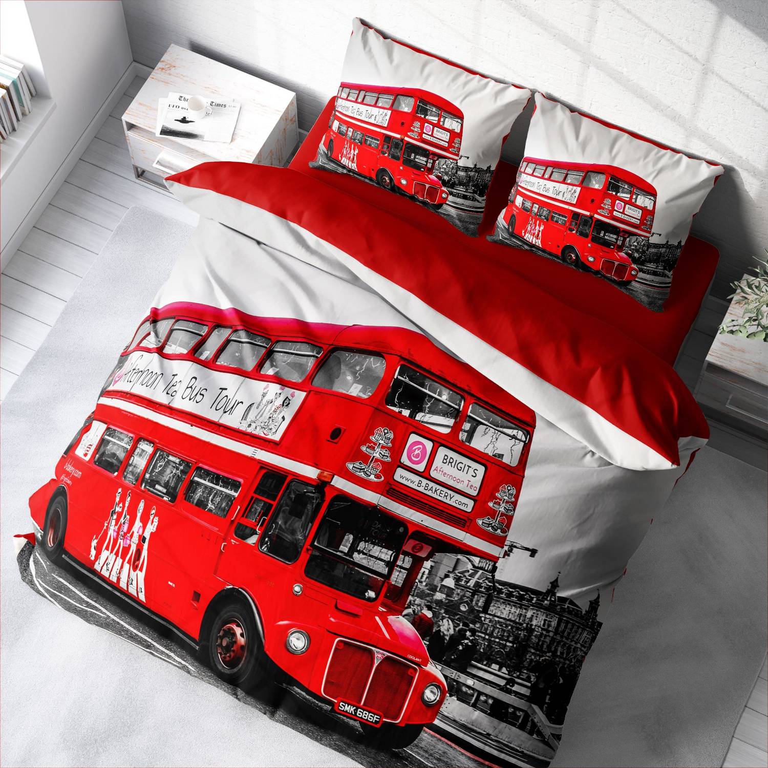MonoHome London Bus 3D Cotton Satin Double Duvet Cover Set