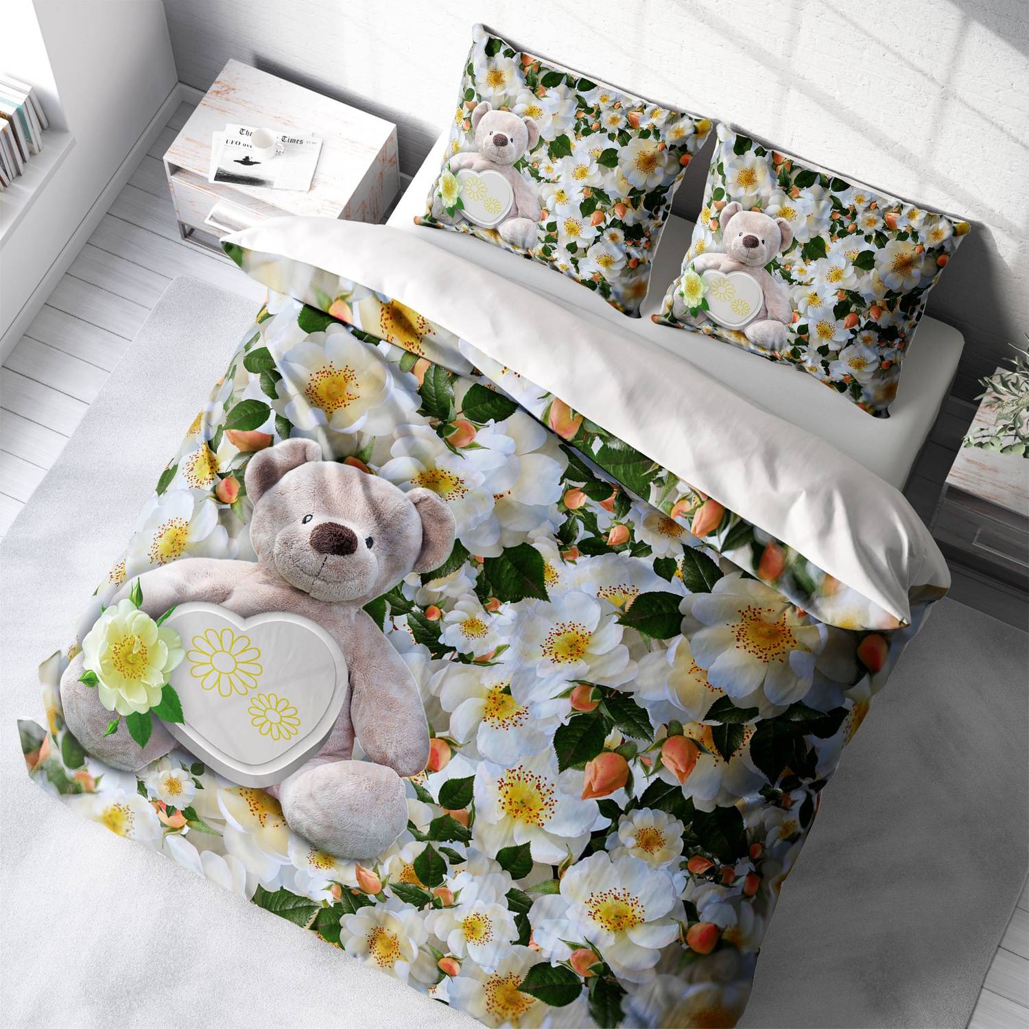 MonoHome Flower Bear 3D Cotton Satin Double Duvet Cover Set