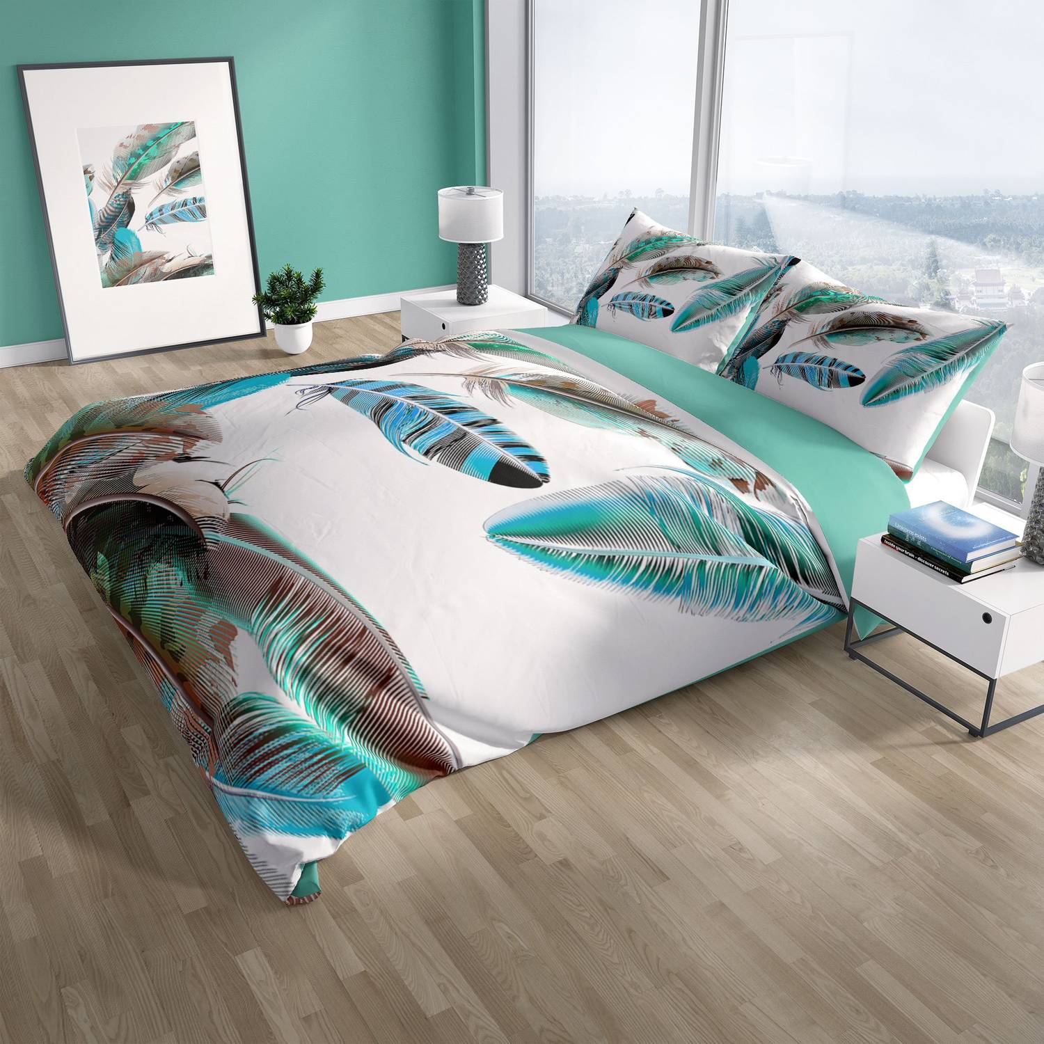 Комплект постельного белья PerlaSera New Feather 3D из сатина, размер 200x220 см, с яркими принтами, включая 2 наволочки 50x70 см, комфортный и качественный