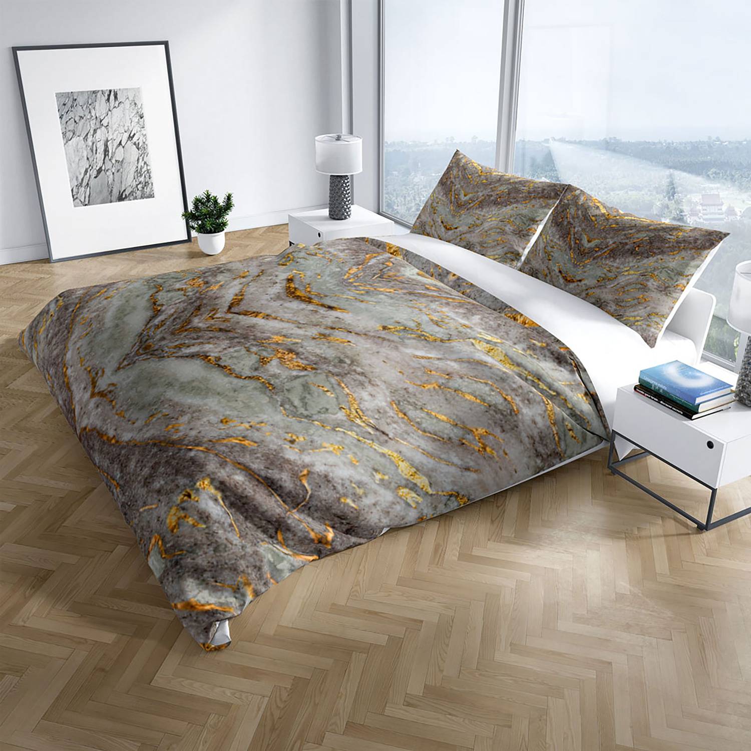 Комплект постільної білизни PerlaSera Marble 3D з бавовняного сатену для двоспального ліжка 200x220 см з яскравими кольорами