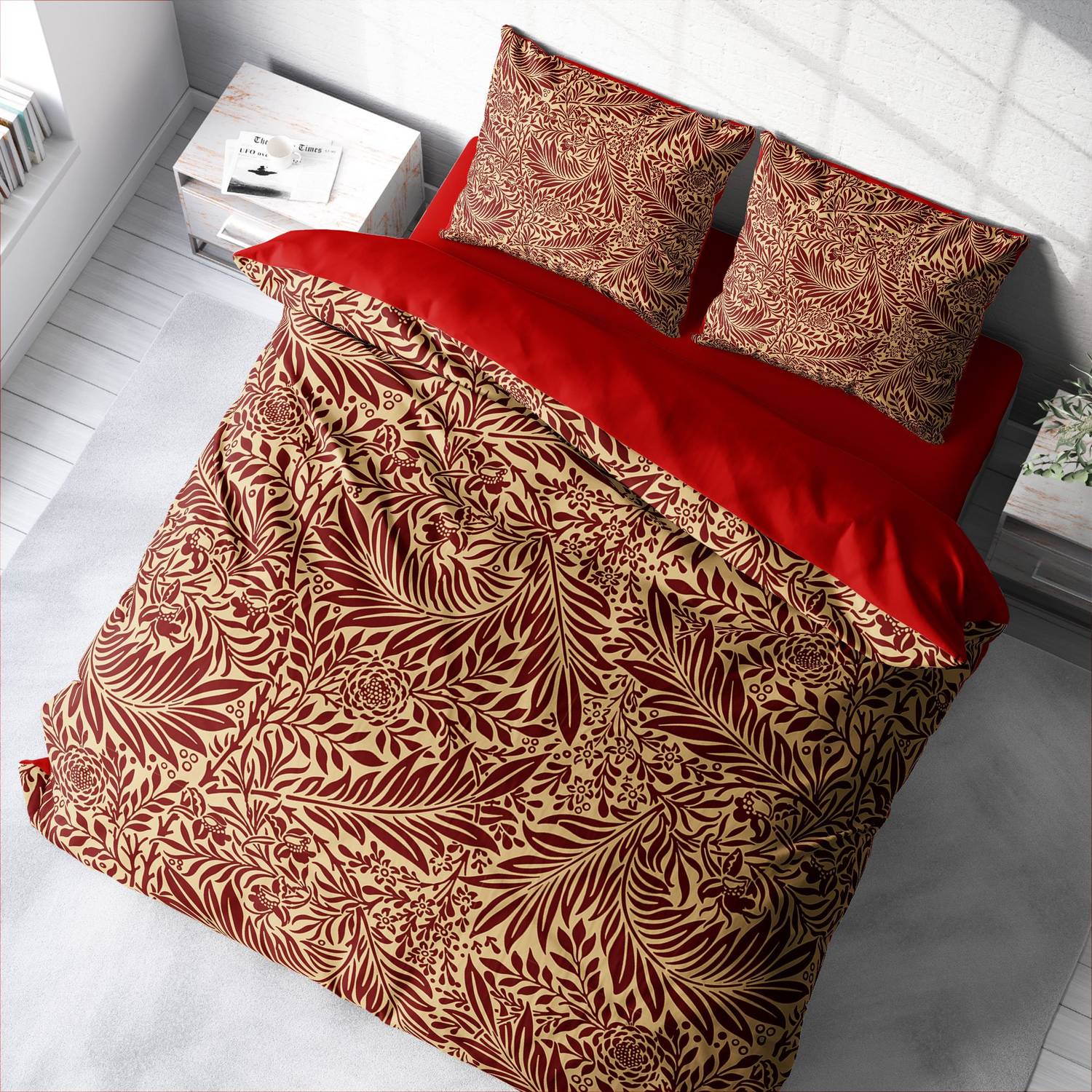 MonoHome Red Leaf 3D Cotton Satin Double Duvet Cover Set