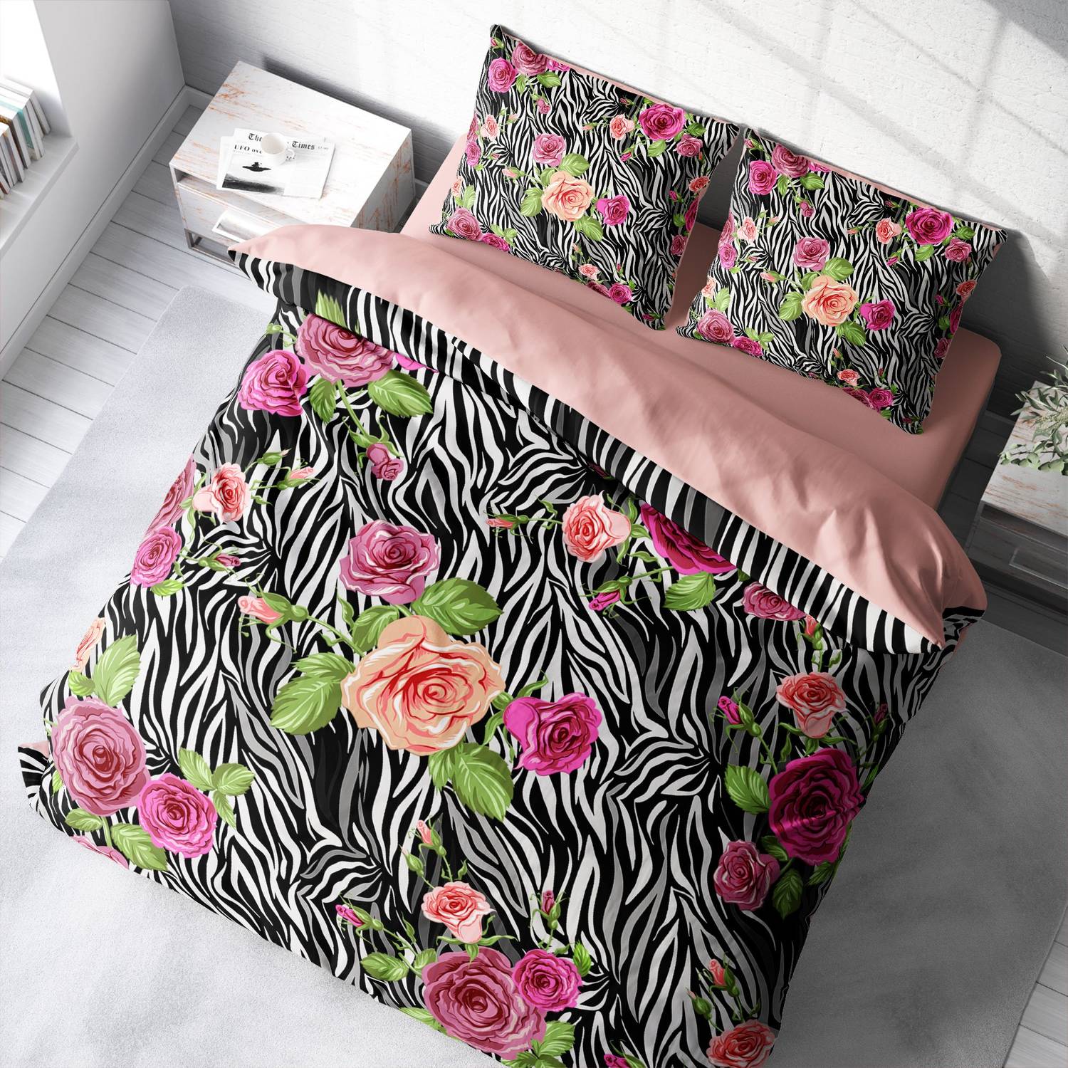 MonoHome Zebra Flower 3D Cotton Satin Double Duvet Cover Set