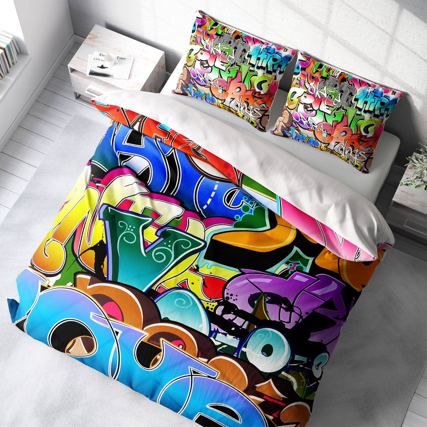 MonoHome Graffiti 3D طقم غطاء لحاف مزدوج من الساتان القطني