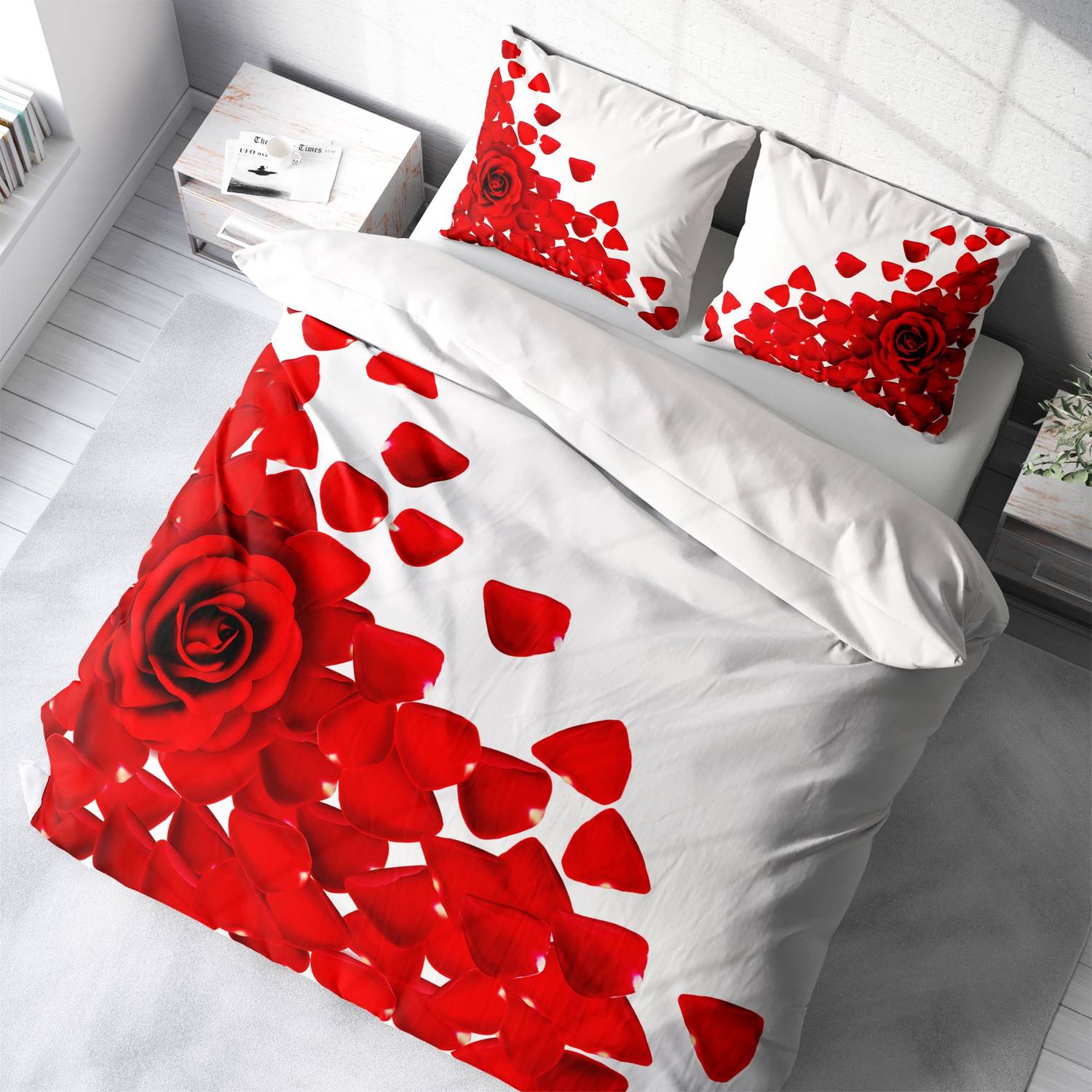 MonoHome White Roses 3D طقم غطاء لحاف مزدوج من الساتان القطني