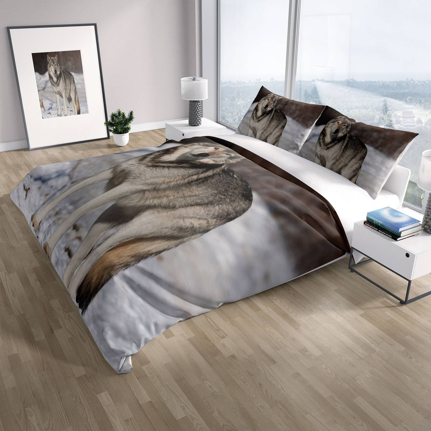 Комплект постельного белья Cattleya SnowWolf 3D из сатина и хлопка, двуспальный, 200x220 см, с ярким цифровым принтом и Oxford наволочками