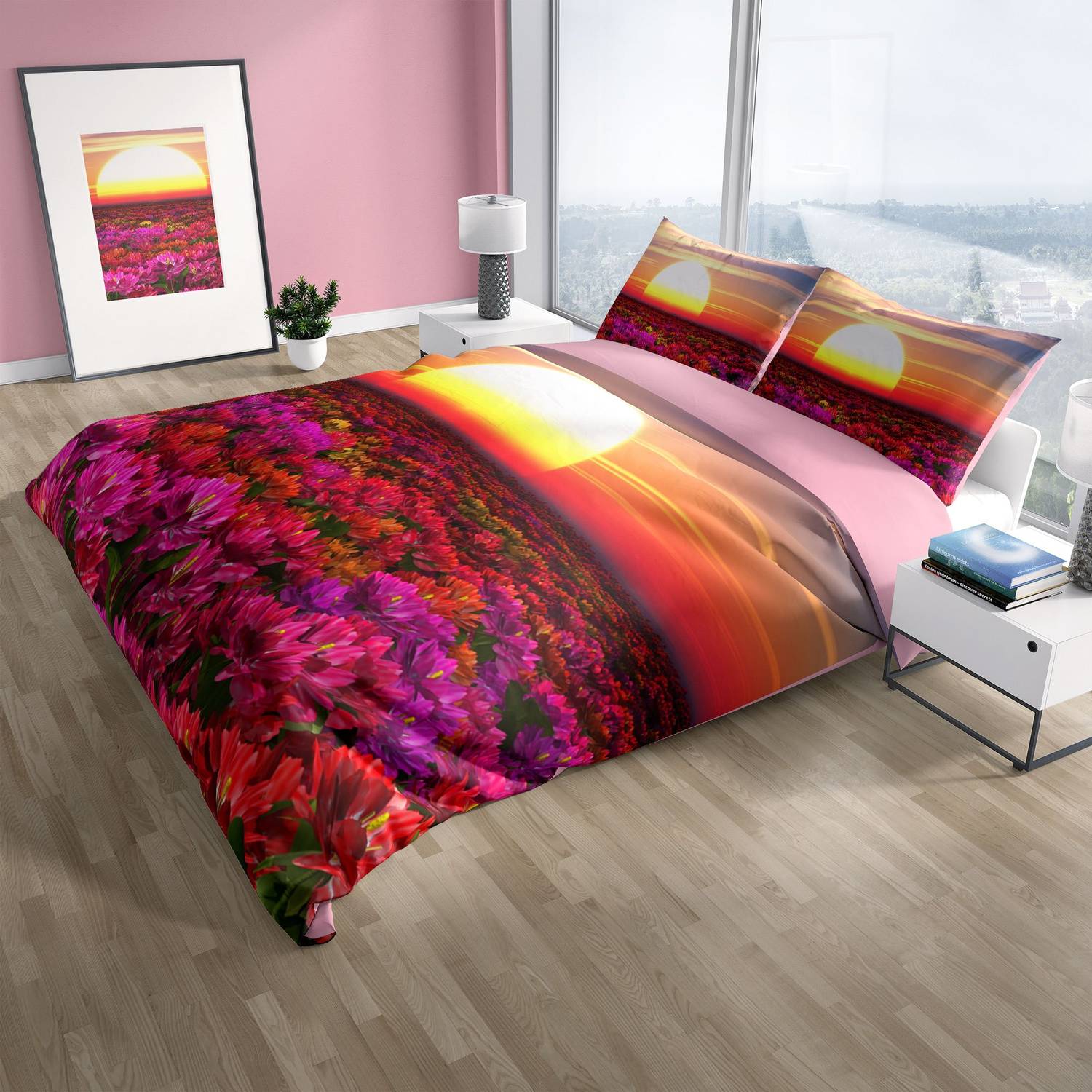 Комплект двуспального постельного белья Cattleya Sunset 3D из органического сатина, 200x220 см, с яркими цветами и антикоррозийными свойствами