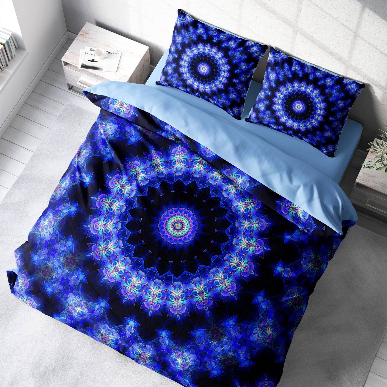 MonoHome Blue Damask 3D Cotton Satin Double Duvet Cover Set