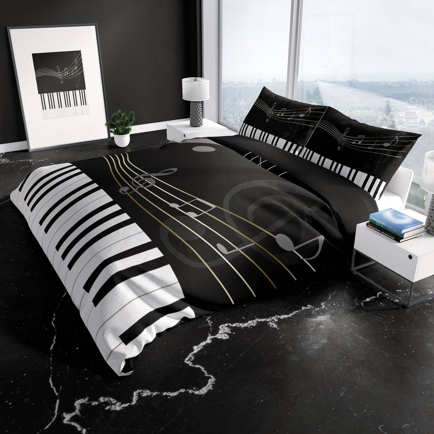 Cattleya Piano 3D Cotton Satin Double Duvet Cover Set