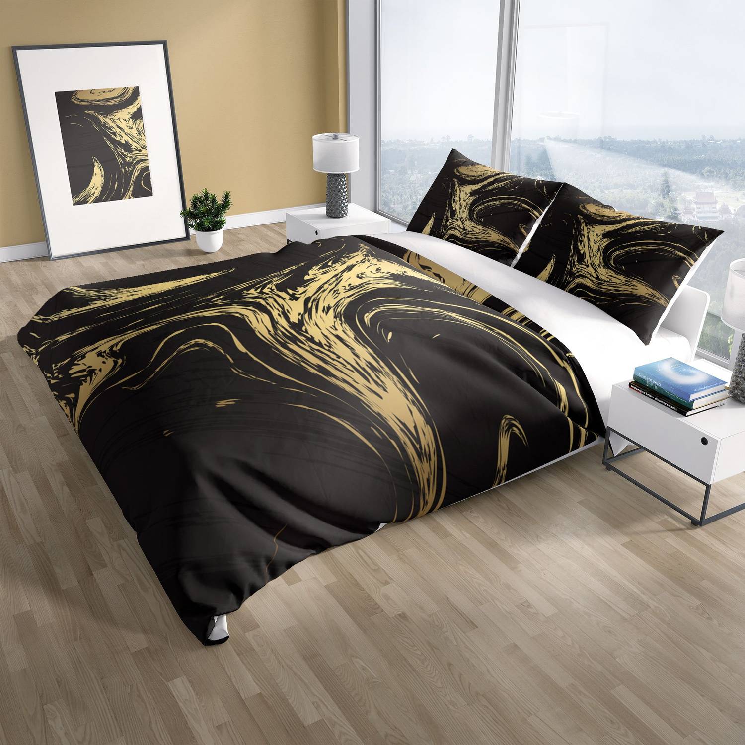 Cattleya Black Design 3D Cotton Satin Double Duvet Cover Set