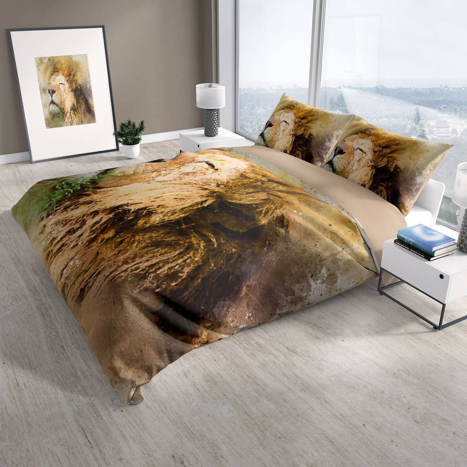 PerlaSera Lion 3D Cotton Satin Double Duvet Cover Set