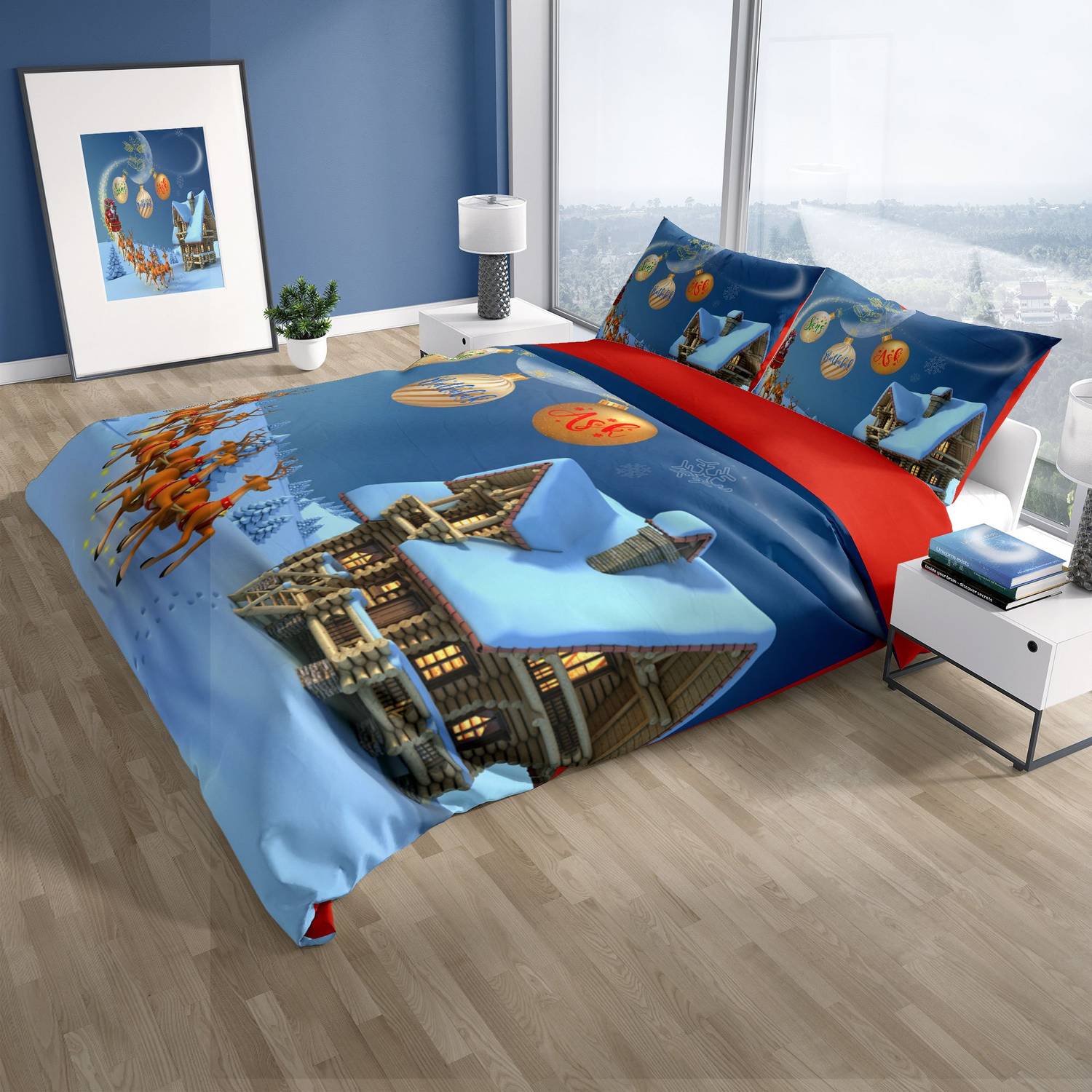 Комплект постельного белья PerlaSera NY Wish 3D: сатин из органического хлопка, 200x220 см, яркие цвета, Oxford подушки 50x70 см, без простыни.